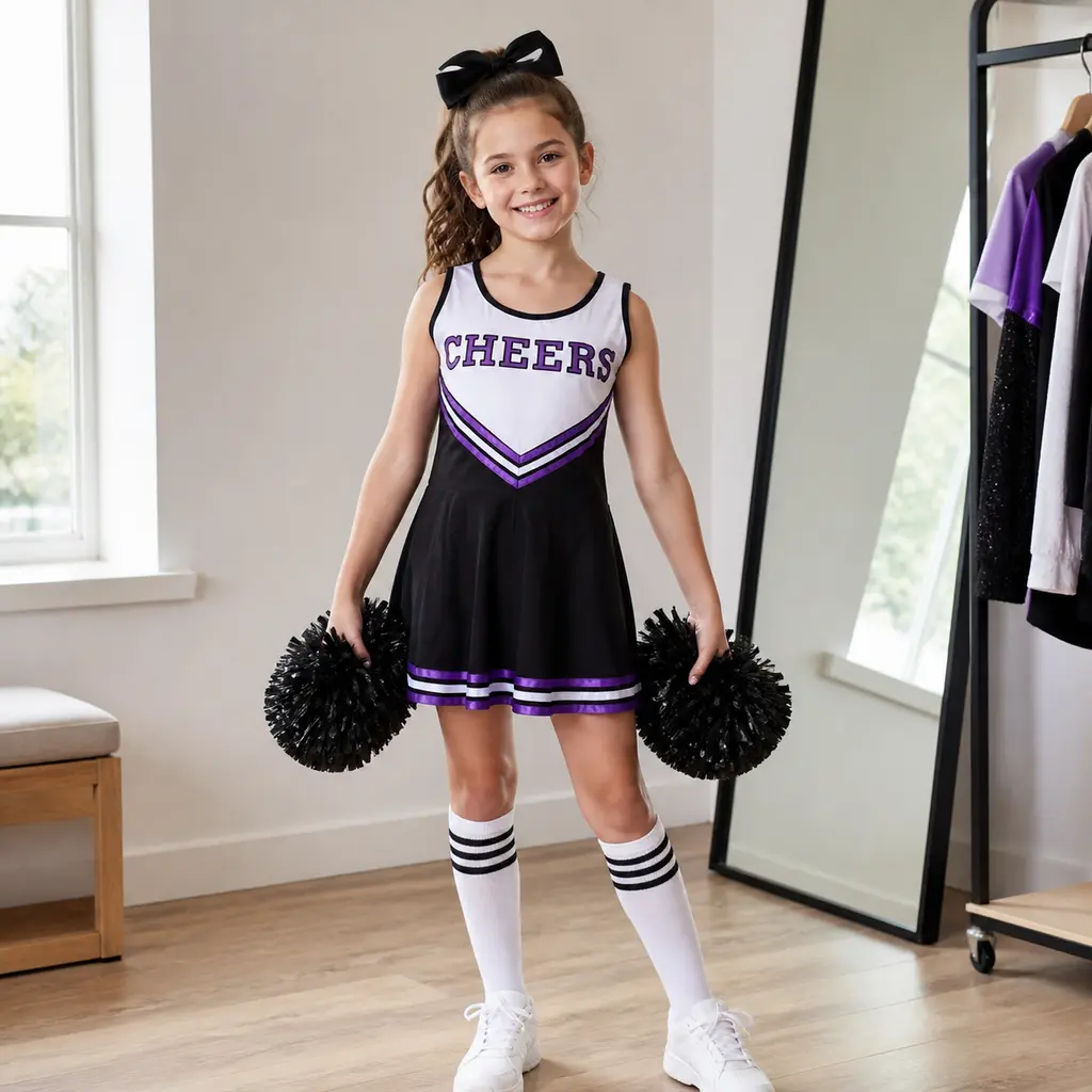 Girls' Kids Cheerleader Full Set - Scoop Neck CHEERS Dress with Bold Letters, Flared Skirt, Bow, Pom Poms, Striped Socks, Black Purple Team Look Performance Outfit