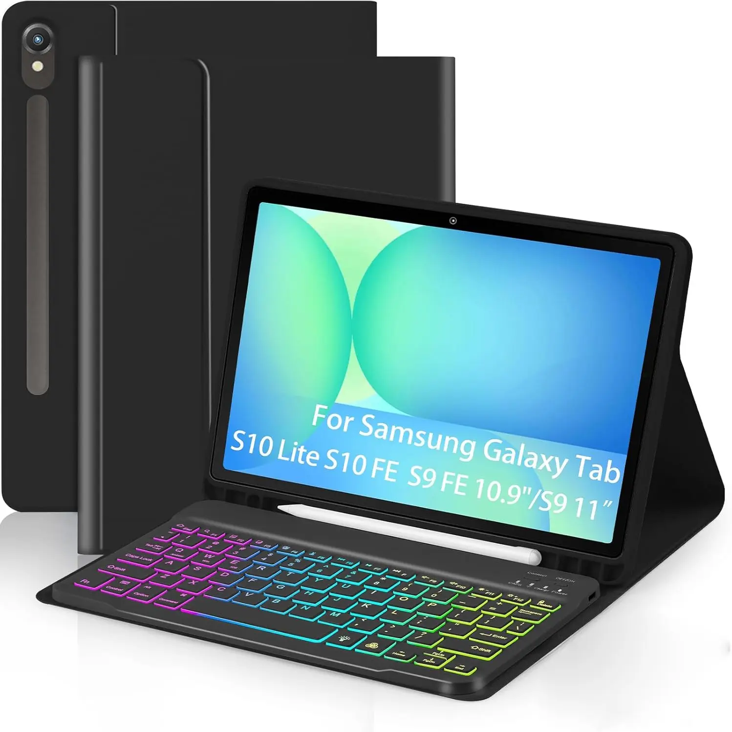 Smart PU Leather Folio Case For Samsung Galaxy Tab S9 FE 10.9" / S10 FE / S9 11" / S10 Lite, Detachable 7 Colors RGB Backlight Wireless Bluetooth Keyboard, Independent S Pen Storage Slot, Auto Sleep Wake Protective Tablet Cover, Smart Tablet Accessories