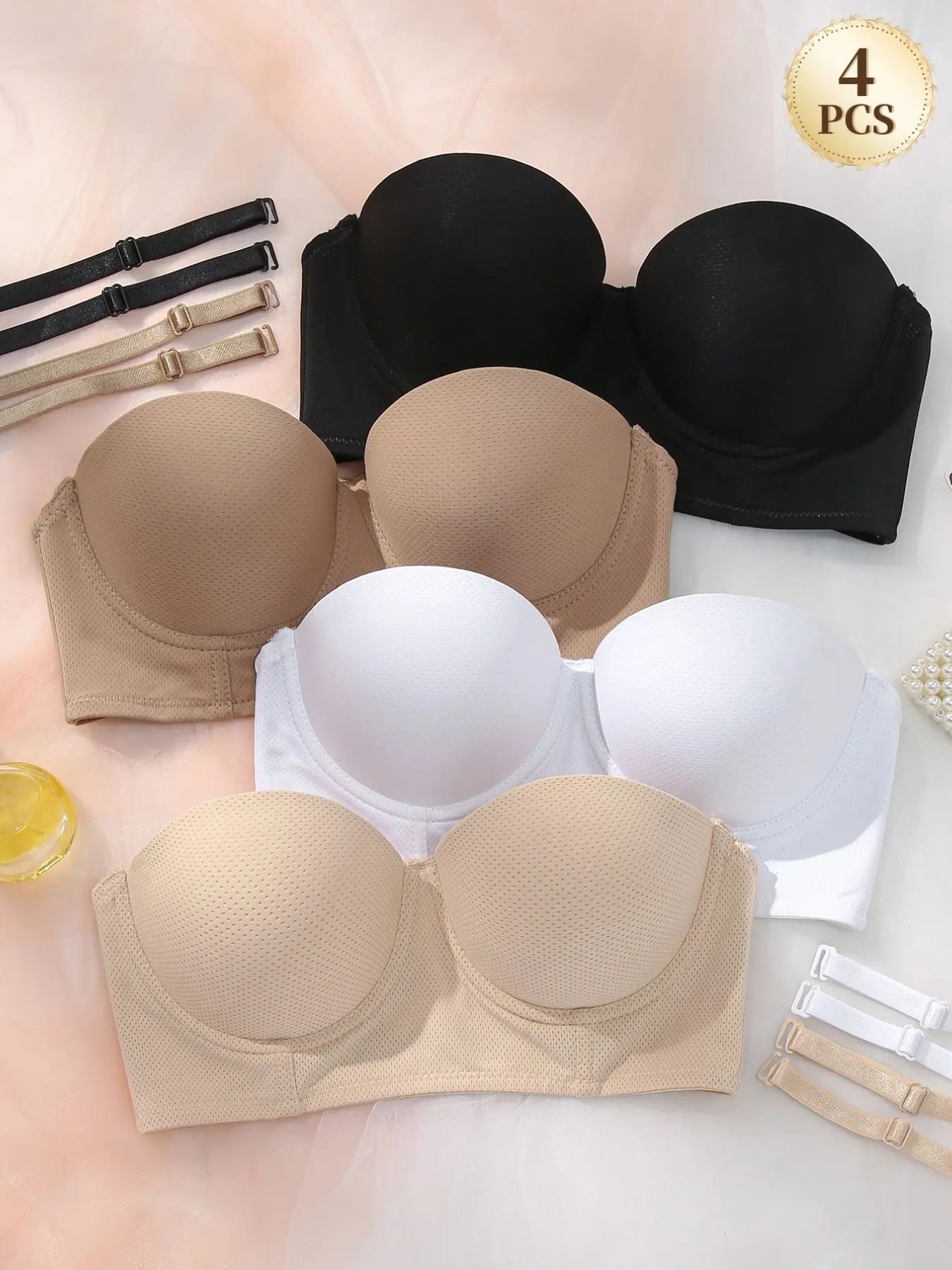 4-Pack Women's Solid Color Elegant Breathable Steel Band Push-Up Bra, Detachable Straps, Medium Support, Comfortable Daily Wear, All Seasons