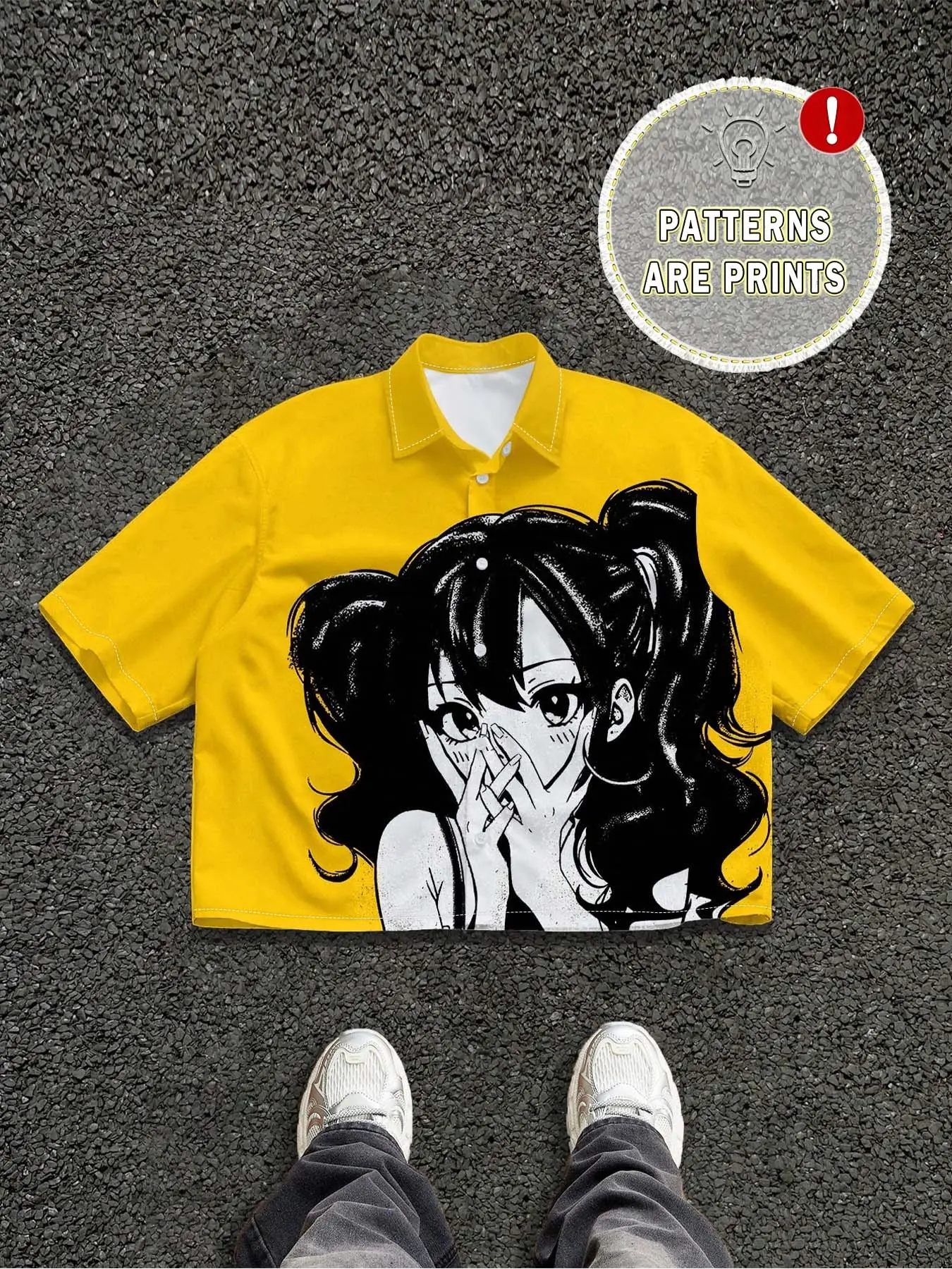 Men's Casual Loose-Fitting Oversized Short Sleeve Shirt, Streetwear Anime Comic Style, Trendy Brand Open Cardigan, Comfortable and Stylish Top, Casual Summer Clothing
