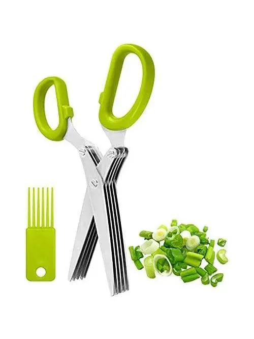 Herbal Scissors, Stainless Steel 5-Blade Set with Mincing Blades for Cooking Prep, Fresh Herbs & Leafy Greens Kitchen Gadget with Cleaning Comb (Green), Five Blade Set
