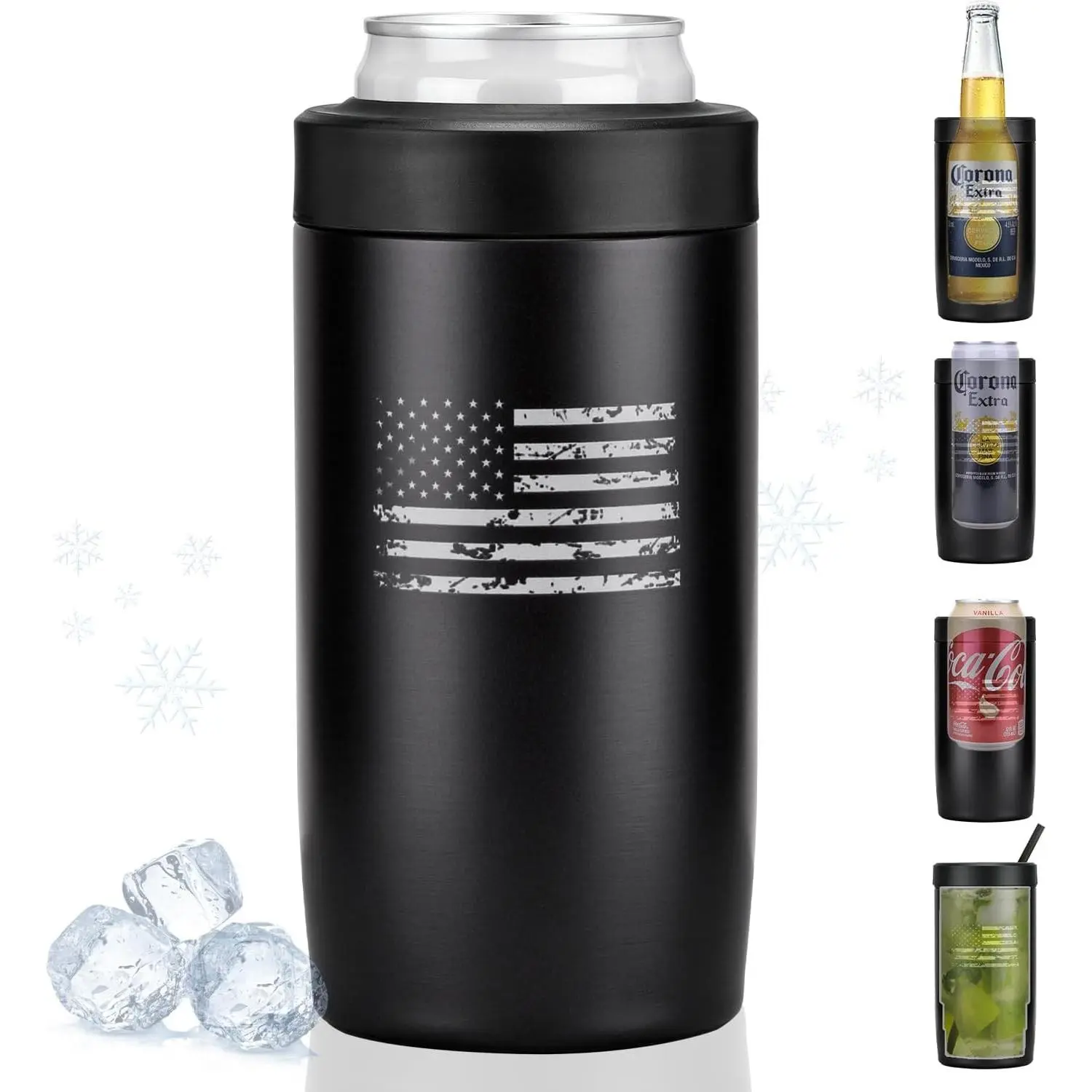 12oz Insulated 4-in-1 Slim Can Cooler - Double-Walled Stainless Steel Holder with Silicone Grip, Stylish Black American Flag Design Lid, for Beach Beverages/Cans/Bottles (Home Supplies Organizer Accessory)