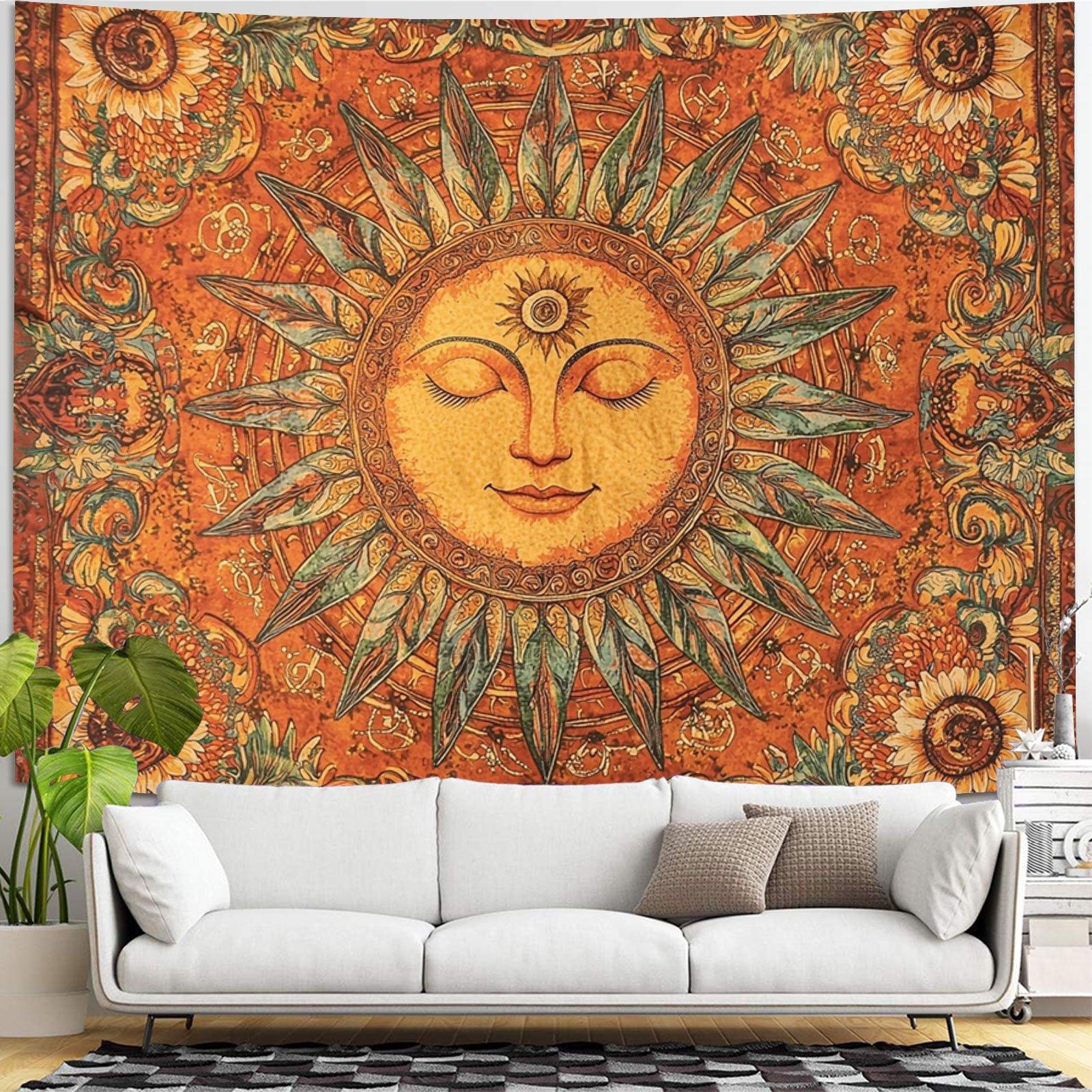 Vintage Bohemian Sun and Moon Tapestry |   Closed-Eye Smiling Sun Wall Hanging, Aesthetic Boho Decor for Living Room Bedroom Dorm, Multi-Functional Indoor Outdoor Art