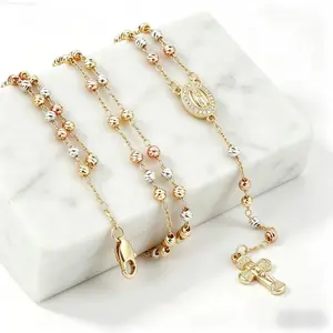 14k Our Lady Of Guadalupe Rosary Necklace Tri Color Textured Beads Gold Crucifix Cross Pendant Long Y Shape Chain Sweater Layering Daily Wear Aesthetic Christian Jewelry Meaningful Religious Accessory