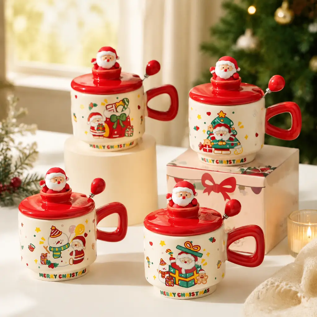 400ml Christmas Ceramic Coffee Tea Cup, 3-Piece Camping Picnicware Set with Lid + Spoon, Kawaii Accessories with 3D Santa & Cartoon Art, Festive Gift for Home Office