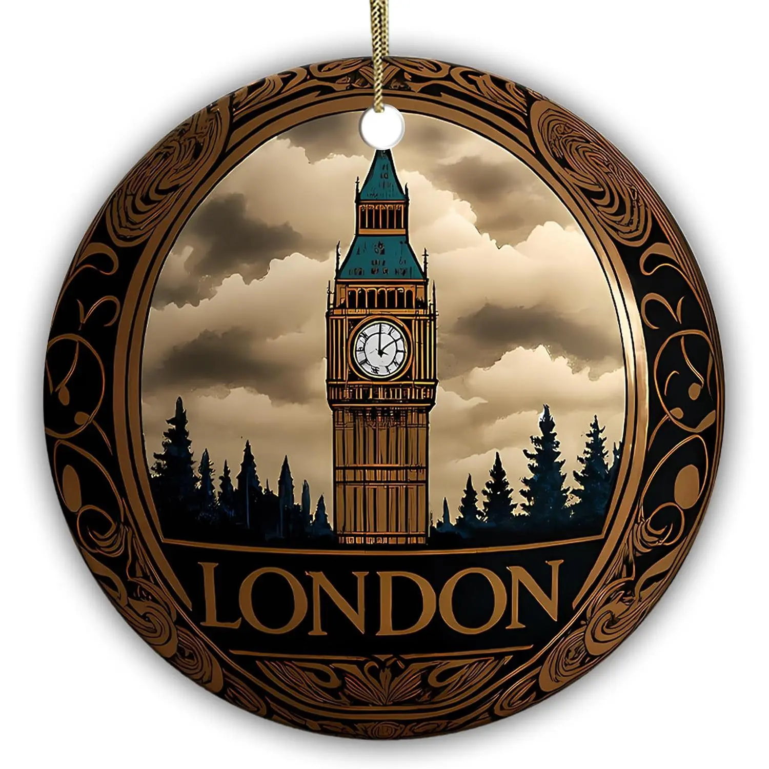 London Christmas Ornament Big Ben Souvenir – Victorian Style Round Ceramic Ornament, Travel Gifts for London Lovers, UK Holiday Tree Decoration 2.9 Inch