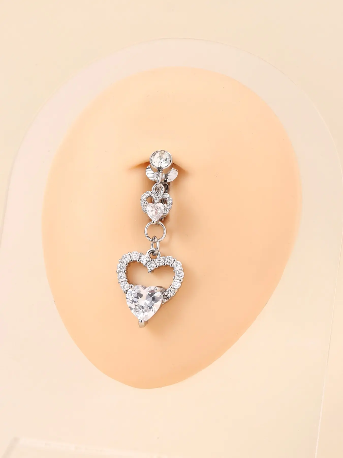 Silver Color Dual Layer Heart Zircon Navel Clip, No Piercing Fake Belly Button Ring, Y2K Summer Body Jewelry, Gift for Girls, Fake Belly Rings