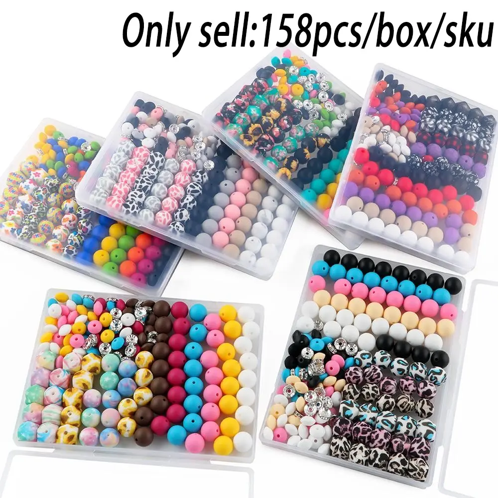 158pcs boxed silicone printed polyhedral printed round beads, Beads Bulk, solid color round beads and lentil beads combination, Diy beading accessories, Craft Beads, Jewelry Making Supplies, DIY jewelry making, keychains, Bead Assortment