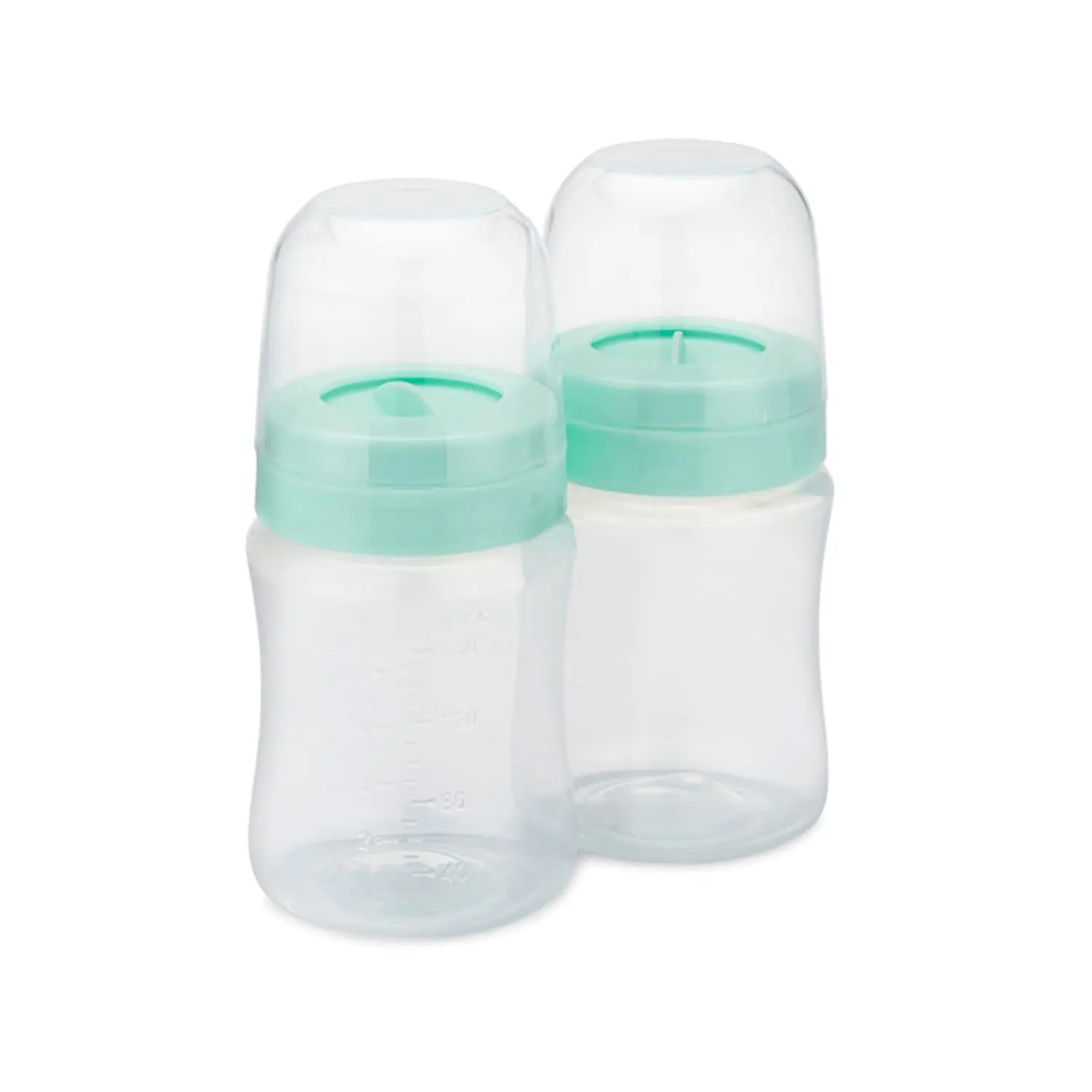 Breast Milk Storage Bottles  Duo Breast Pump - Durable Plastic Breastfeeding Essentials w/Locking Rings, Lids & Nipple Caps - Breast Milk Container (Set of 2, 160 ml)