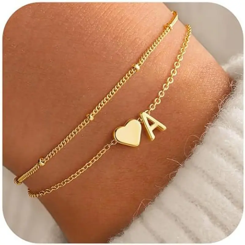 2Pcs Fashion 14K Gold Plated A-Z Initial Anklet Bracelets Set Dainty Layered Letter Heart Ankle Chain Waterproof Non Tarnish Summer Beach Foot Jewelry Vacation Travel Bracelet Holiday Gift