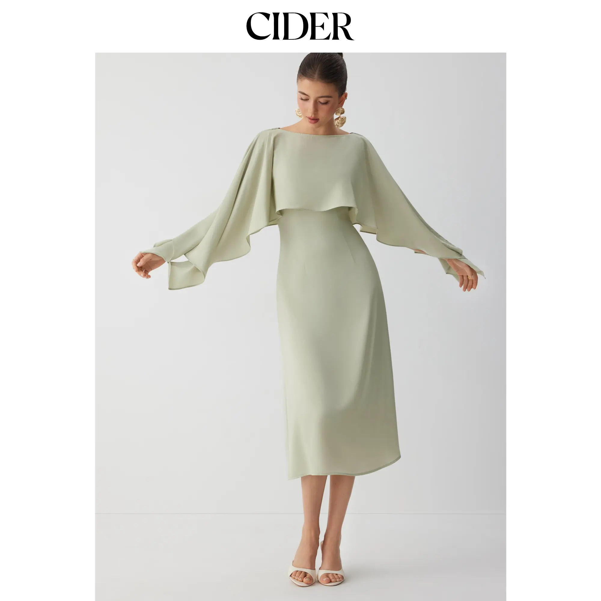Cider Satin Boat Neck Cloak Sleeve Bolero Flared Maxi Dress