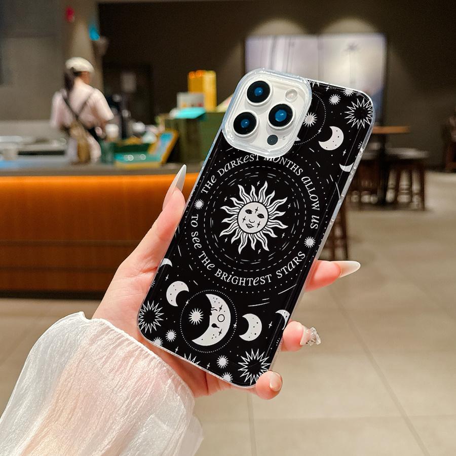 Space-themed large hole transparent sun and moon creative pattern phone case suitable for iPhone 17 16 15 14 13 12 11 Promax iPhone XS XR XSMAX. Creative and fashionable design, suitable for both men and women, a gift for friends, family, boyfriend, or gi