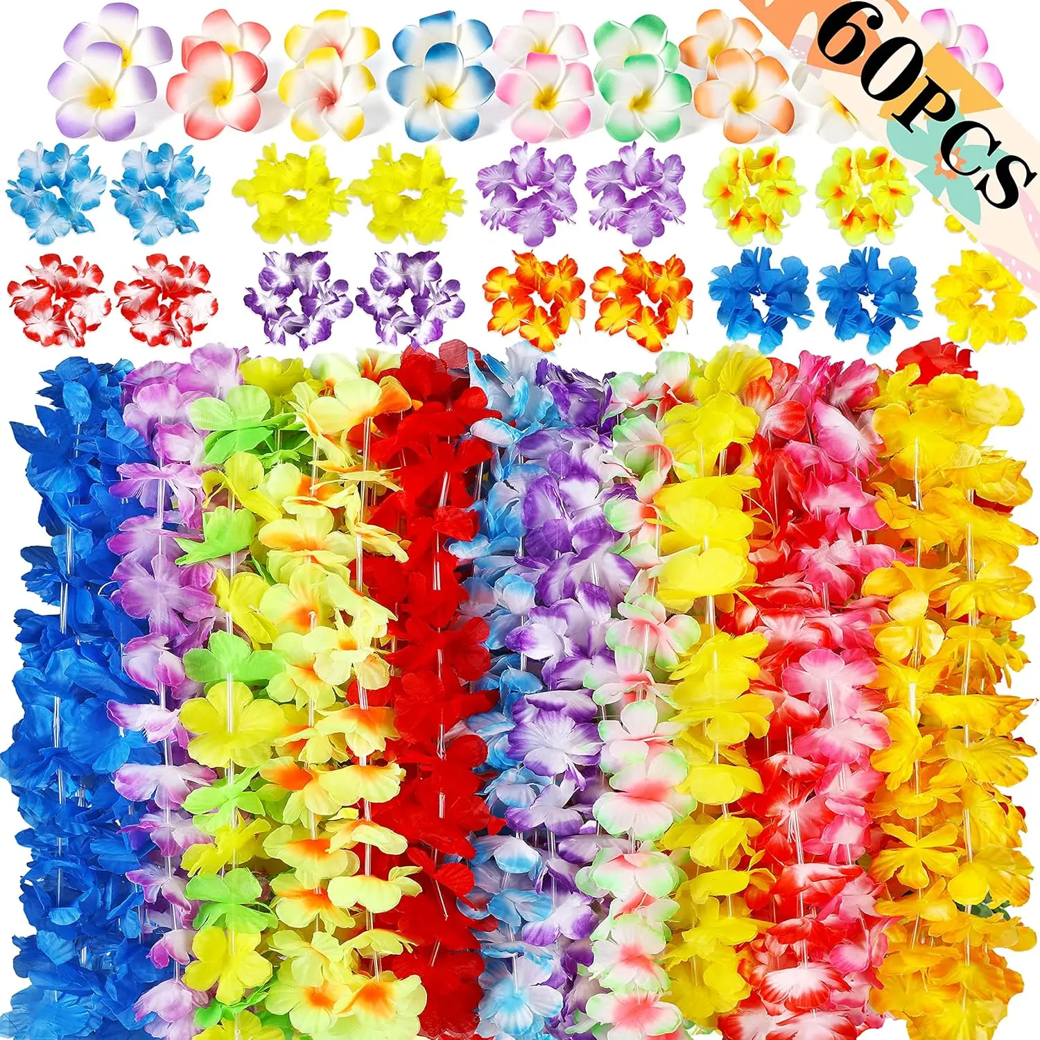 60PCS Hawaiian Luau Leis Party Decorations Birthday Supplies Set, Hawaii Tropical Flowers Necklaces Lei Bracelets Hair Clips Bulk Summer Beach Accessories Decor Favors