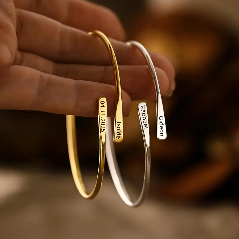 AS128 Personalized Custom Engraving Name Bracelet Stainless Steel Flattened and Staggered Lettering Opening Adjustable Bracelet