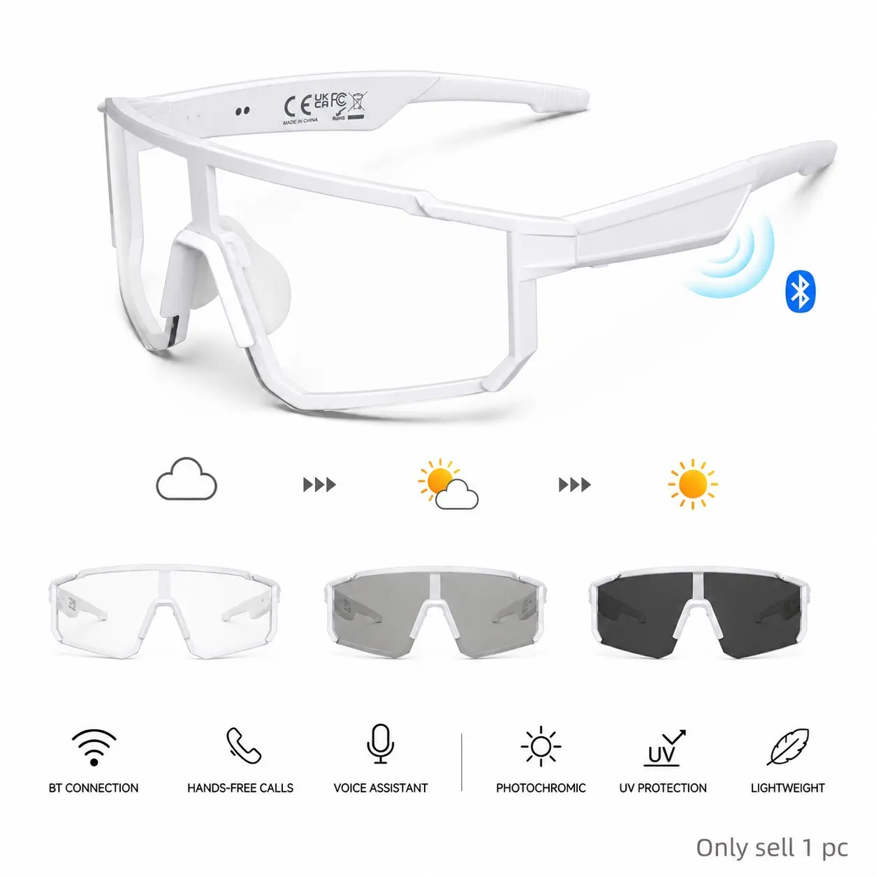 Photochromic Bluetooth Audio Sports Sunglasses with Open-Ear Speakers, Hands-Free Calls, Built with Mic and Voice Assistant, UV Protection for Cycling, Running, Driving and Fishing