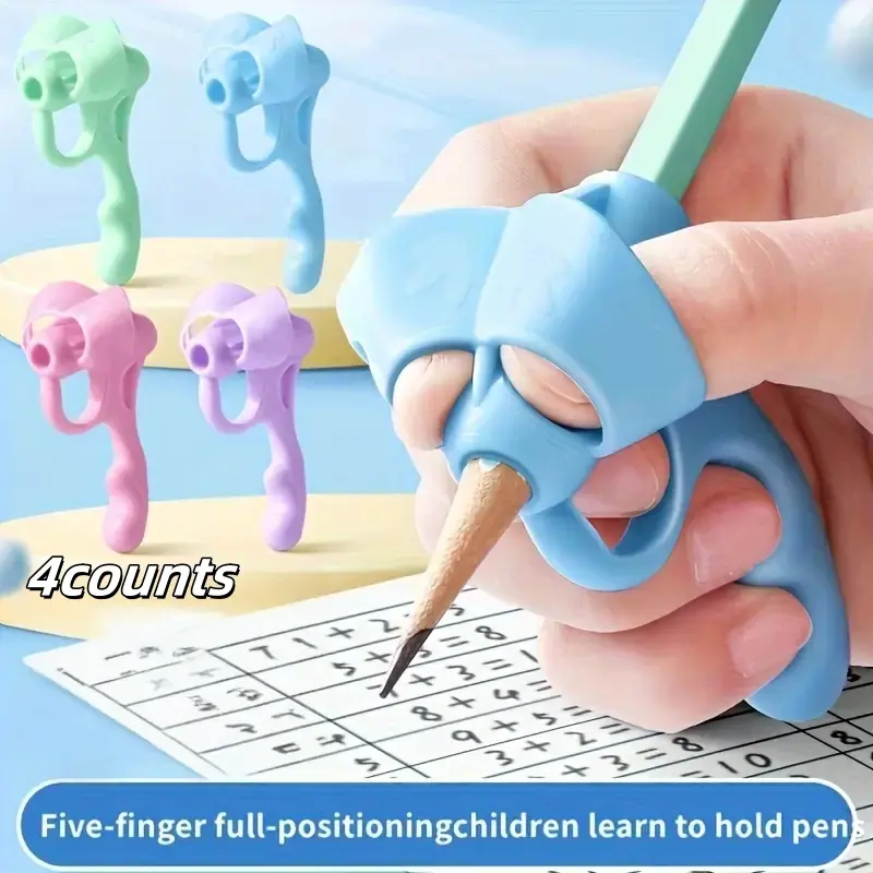 4-Piece Pen Gripper Set, Writing Posture Aid Tools, Soft Rubber Grip Pens, Handwriting Correction Assistors, Ideal for Kids & Adults