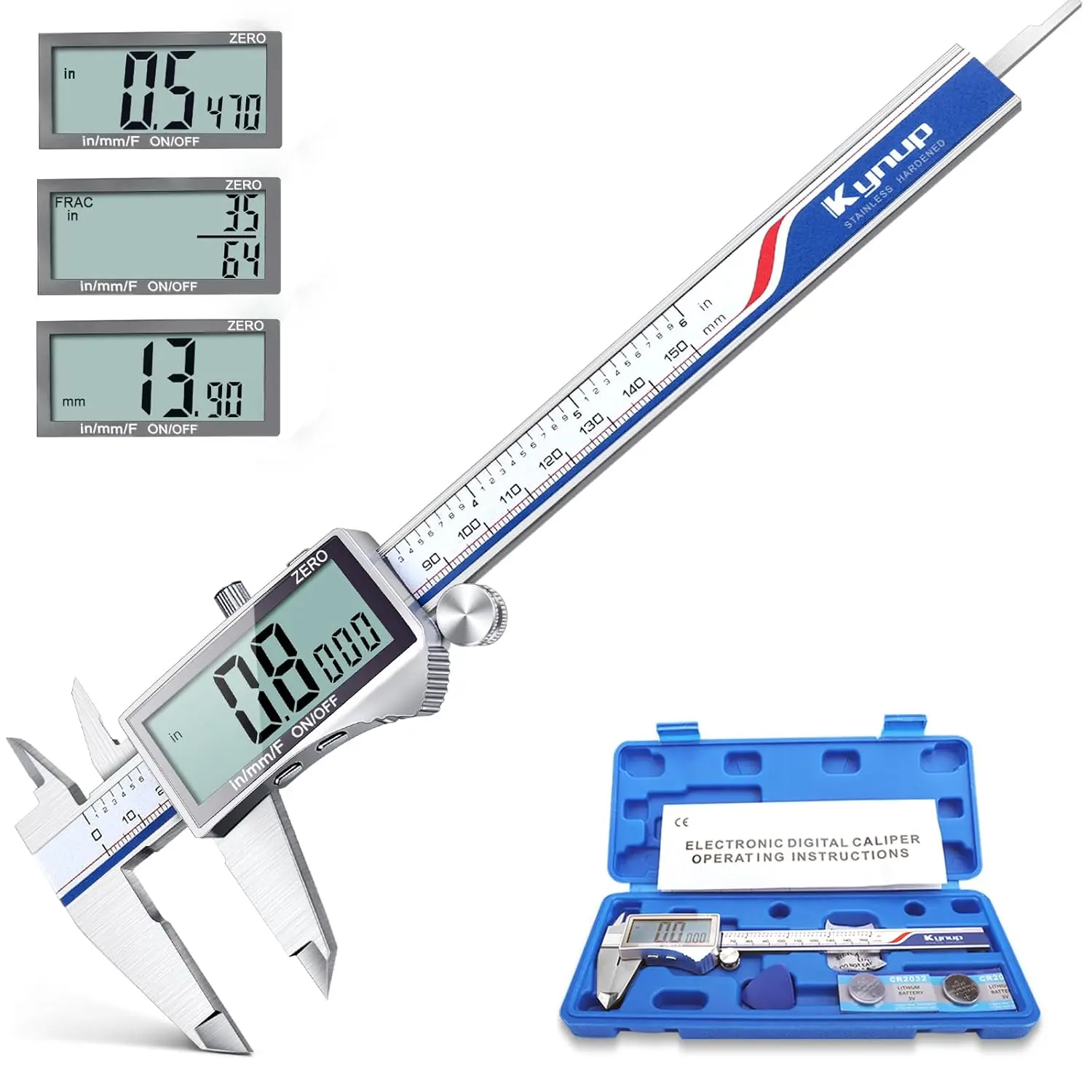 Stainless Steel Digital Caliper 6 Inch, Splash Proof Electronic Vernier Measuring Tool with Inch/Metric/Fraction Conversion, 0.02mm Accuracy and Large LCD Screen for Precision Work, Kynup