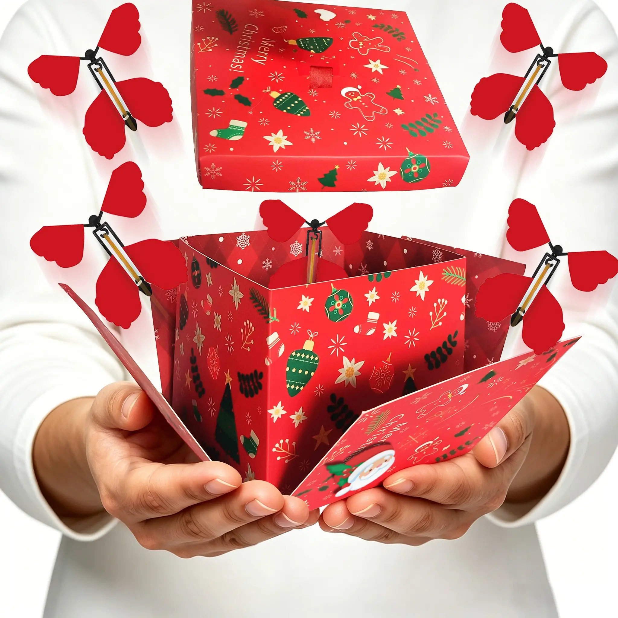 3D Christmas Butterfly Explosion Deluxe Gift Box, Elegant Reusable Paper, Includes Dual Layer Box, 4 Butterflies, DIY Sticker, Card, Ribbons, Perfect for Holidays, Classy Gift Box