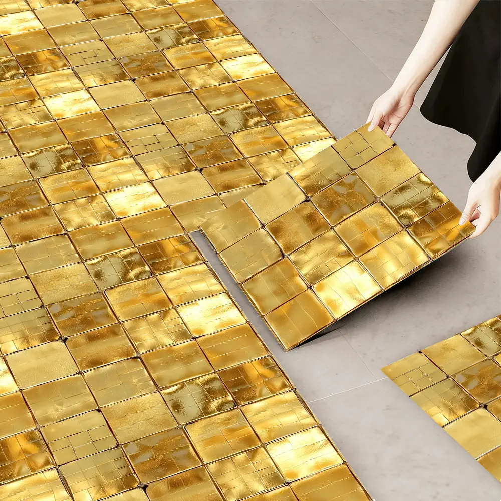 10pcs, 2D Flat PVC Self-Adhesive Golden Mosaic Floor Tile Stickers 11.81X11.81 Inches Waterproof Wear-Resistant Floor Stickers Suitable for Kitchen Bathroom Living Room Dining Room Bedroom Balcony Floor Decoration Holiday Birthday Party