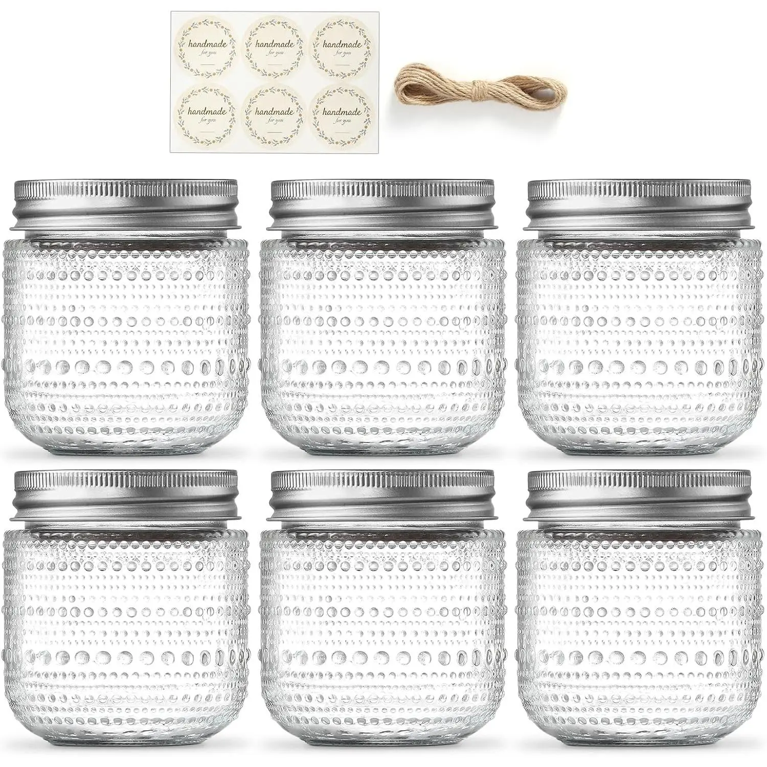 6 Pack Small Glass Jars with Lids 8 oz Vintage Embossed Half Pint Mason Jars, Regular Mouth Canning Jars with Metal Lids for Pickling, Jam, Honey, Spice, Yogurt, Candle Making and DIY Crafts