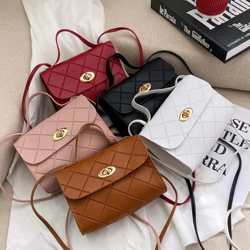 Quilted Faux Leather Crossbody Bag for Women, Mini Square Purse Shoulder Bag with a Twist Lock and Slim Strap