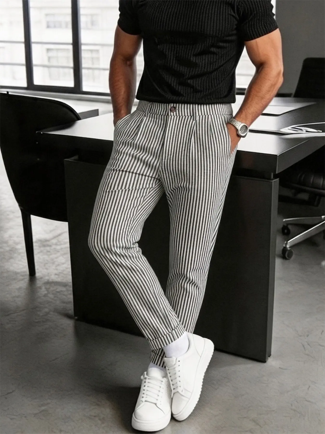 Men's Autumn New Italian Striped Nine-Inch Pants, Casual Fitted Trouser, Rollable Hem, Wrinkle-Resistant Fabric, Business Casual Style, Business Bottoms