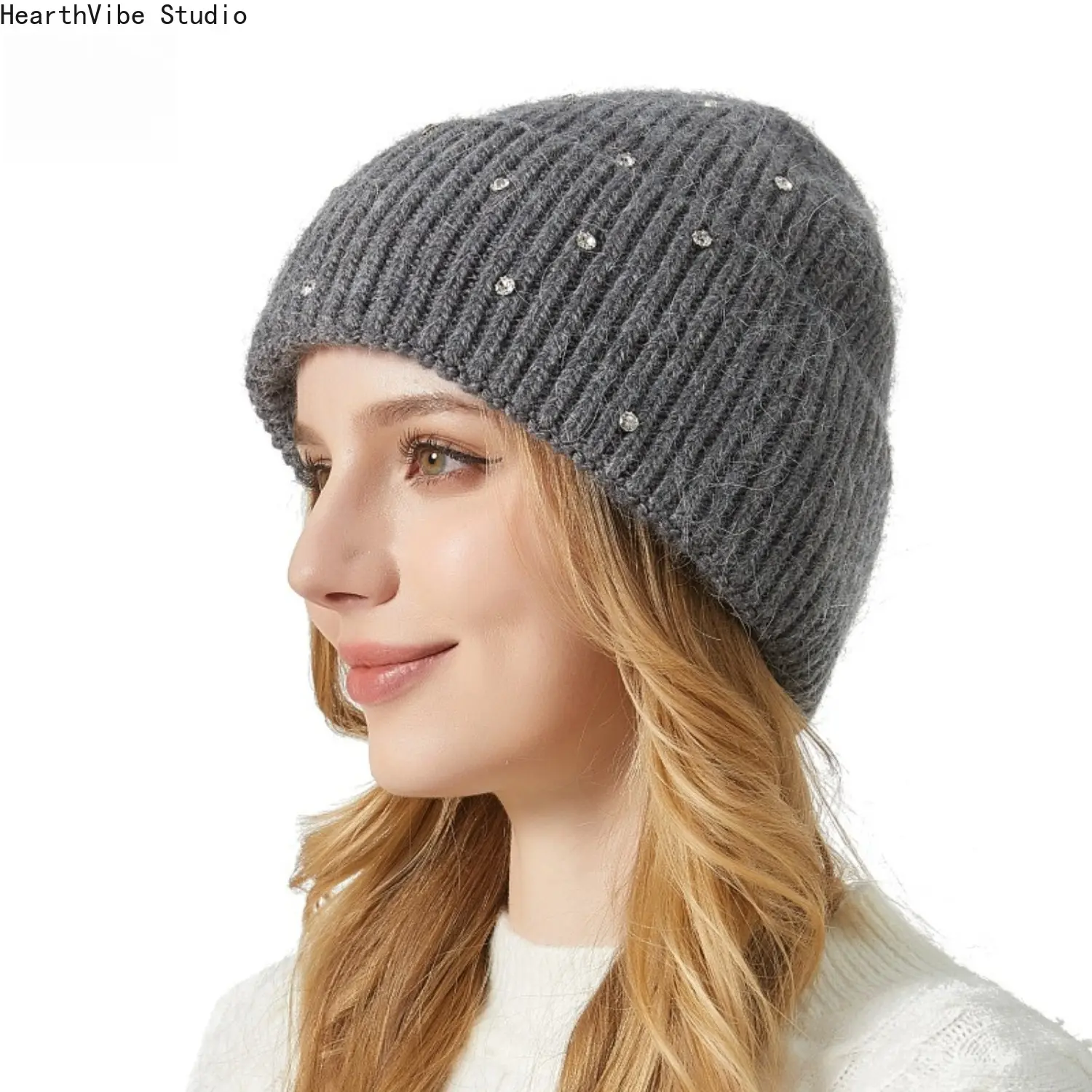 Women's Rhinestone Winter Beanie Hat - Sparkle Stones, Ribbed Knit, Cuffed Edge, Soft Warm Slouchy Melange Grey Skull Cap for Cold Weather (Sports & Outdoor Accessory)