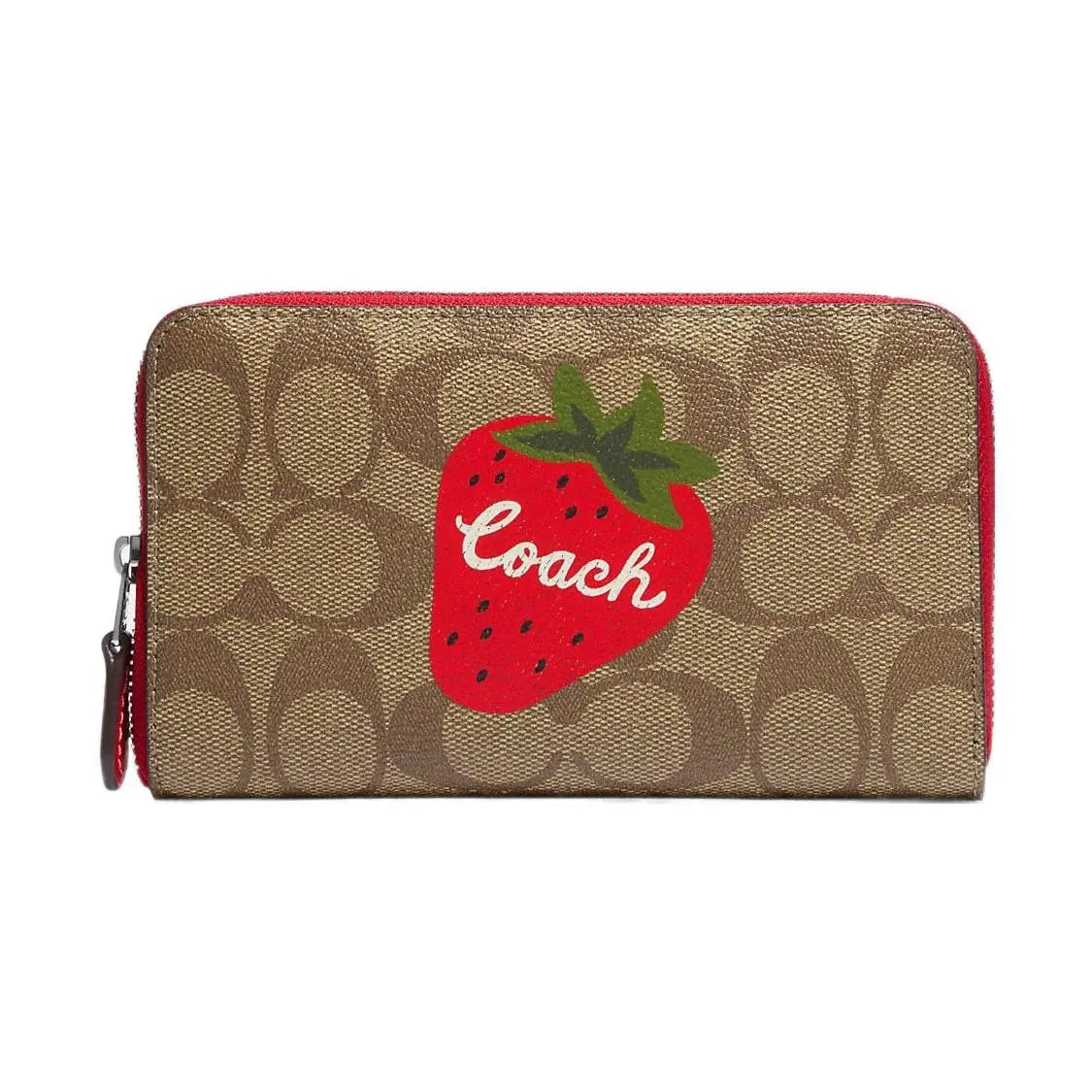 COACH Id Zip Wallet for Women – Medium Wild Strawberry Print Classic Monogram Canvas and Leather in Ebony and Red