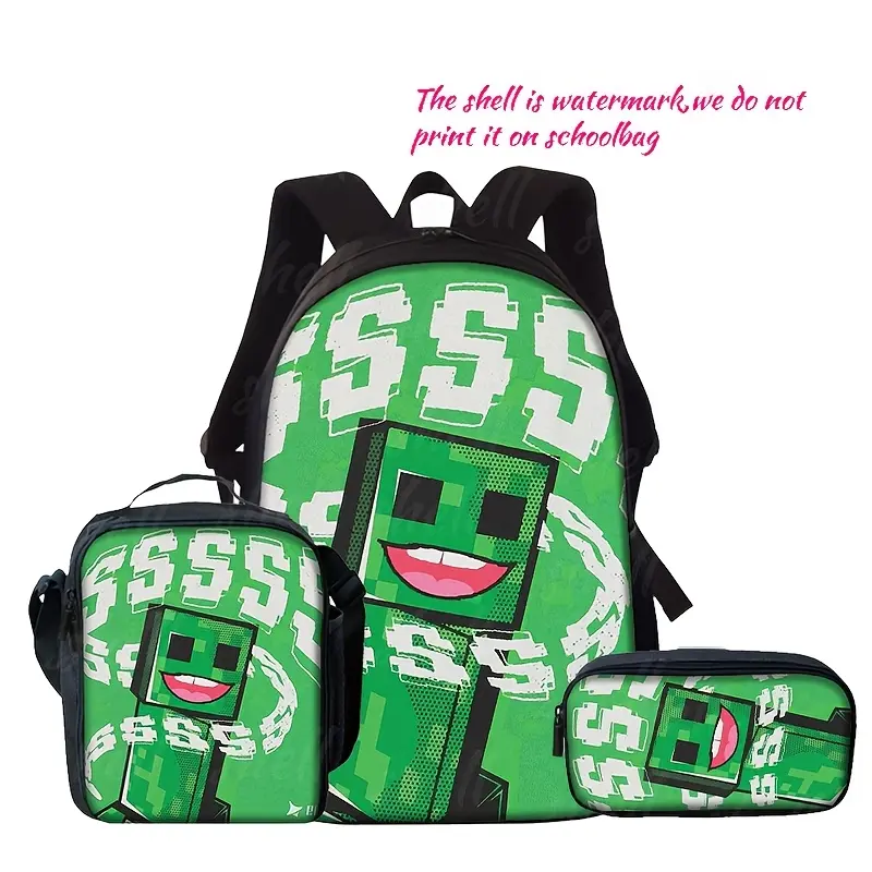 Durable Water Resistant 3-Piece Backpack Set for Kids, Lightweight School Bag with Lunch Box, Bright Green Minecraft Happy Creeper Block SSS Text Print, Includes Large Rucksack, Thermal Lunch Tote & Stationery Pouch