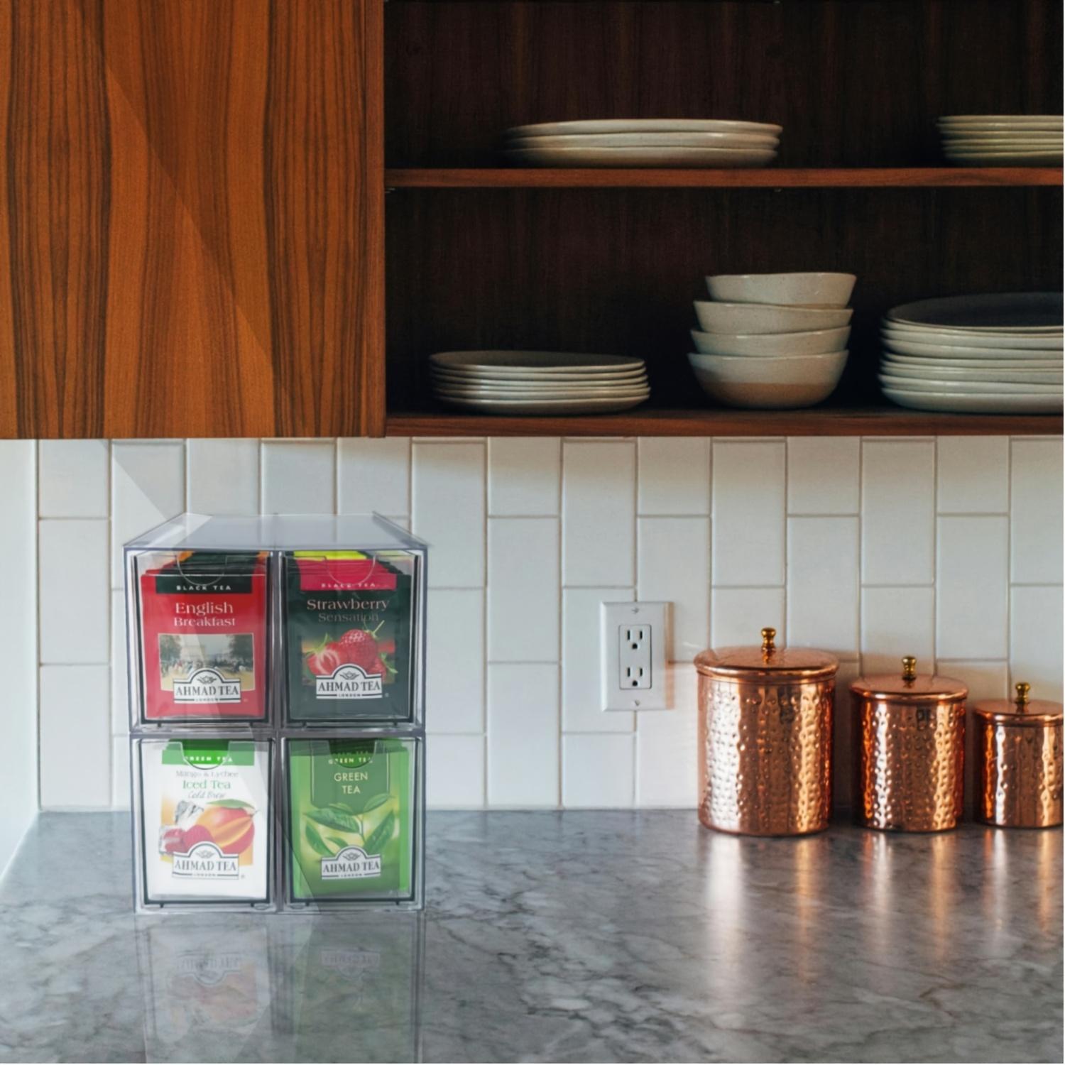 2/4pcs Tea Bag Drawer Organizer - Clear Plastic Drawer Tea Bag Holder, Stackable And Portable for Kitchen Refrigerator Coffee Bags And Snacks - Modern Design for Countertop Or Cabinet Boxes