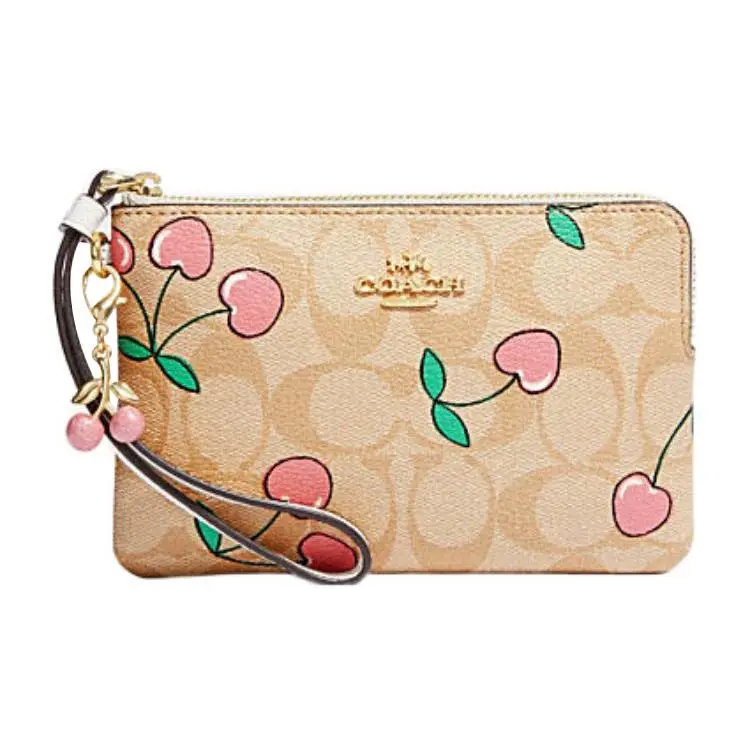 COACH Heart 16 Classic Monogram Cherry Print Zip-Top Wristlet Clutch Bag for Women, Small Size, Khaki