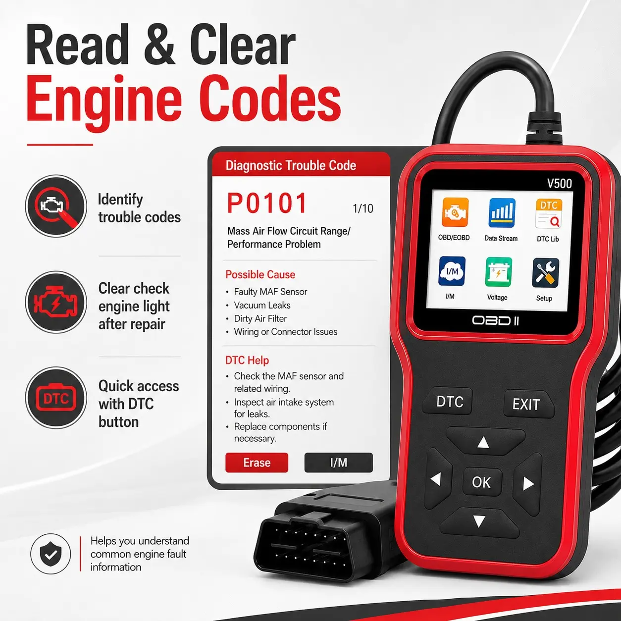 V500 Obd2 Scanner Diagnostic Tool, Automotive Check Engine Light Code Scanner, Reset, Dtc, Data Stream, I/m Readiness, Car & Truck Scan Tool