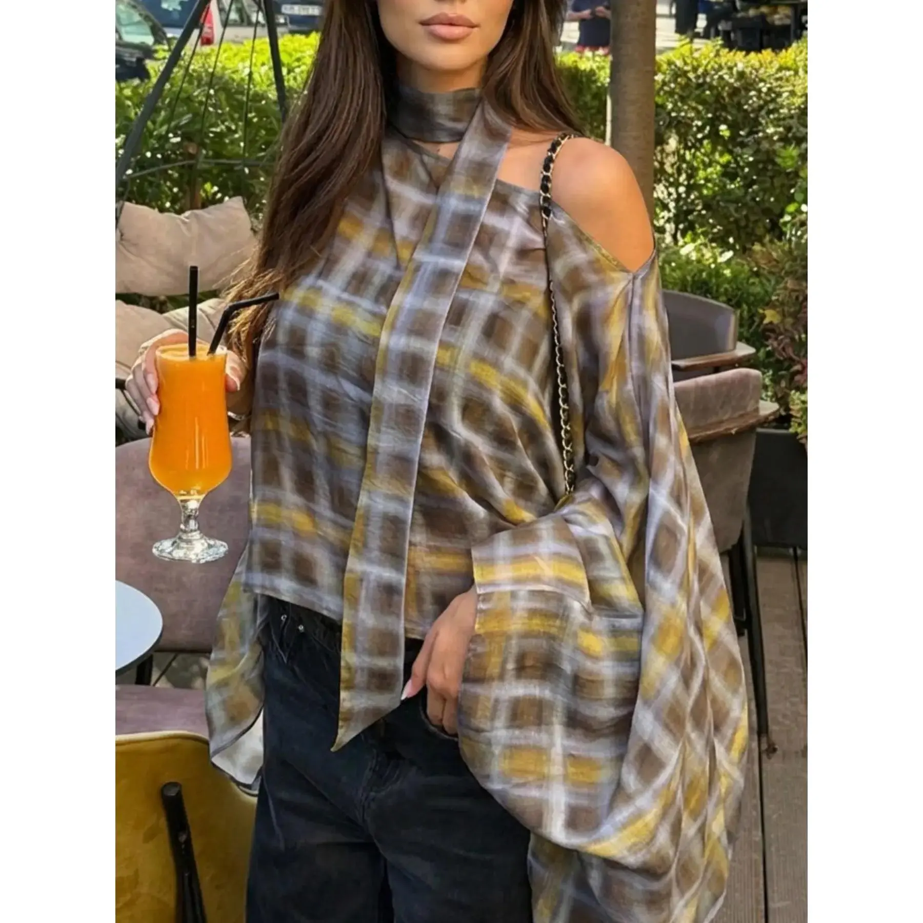 Sleek Plaid Poncho Top Off Shoulder Scarf Neck Blouse Oversized Loose Baggy Flowy Cape Shirt Boho Casual Everyday Chic Vacation Outfit Lightweight Breathable Draped Top Bohemian Womenswear Trendy Style, Free Spirit