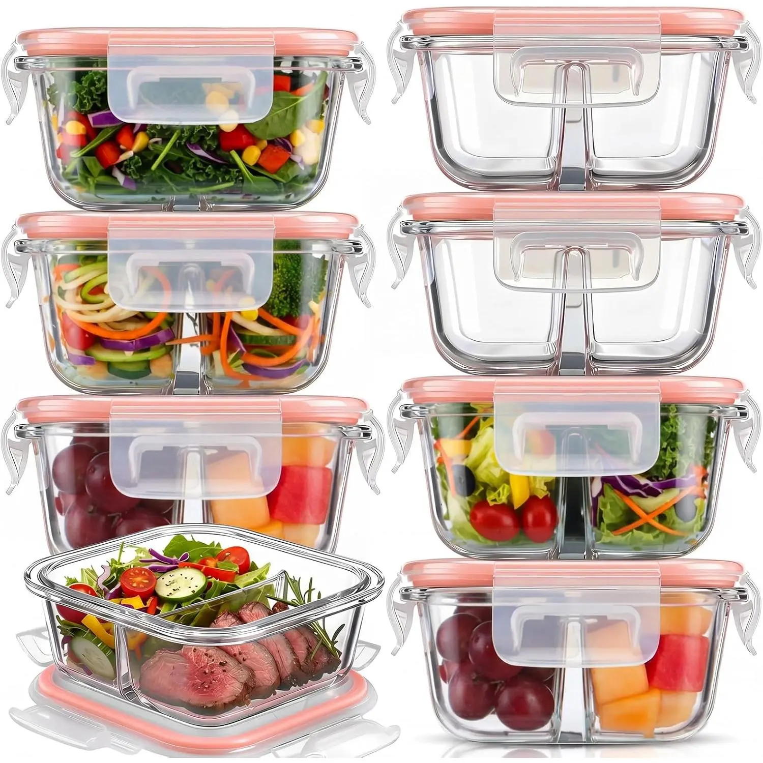 8 Pack 8oz Bariatric Meal Prep Container Glass Bowl Bariatric Portion Control Snack  Storage Container with Two 4oz Compartments with Lid Dishwasher & Microwave(Porous Pores,)
