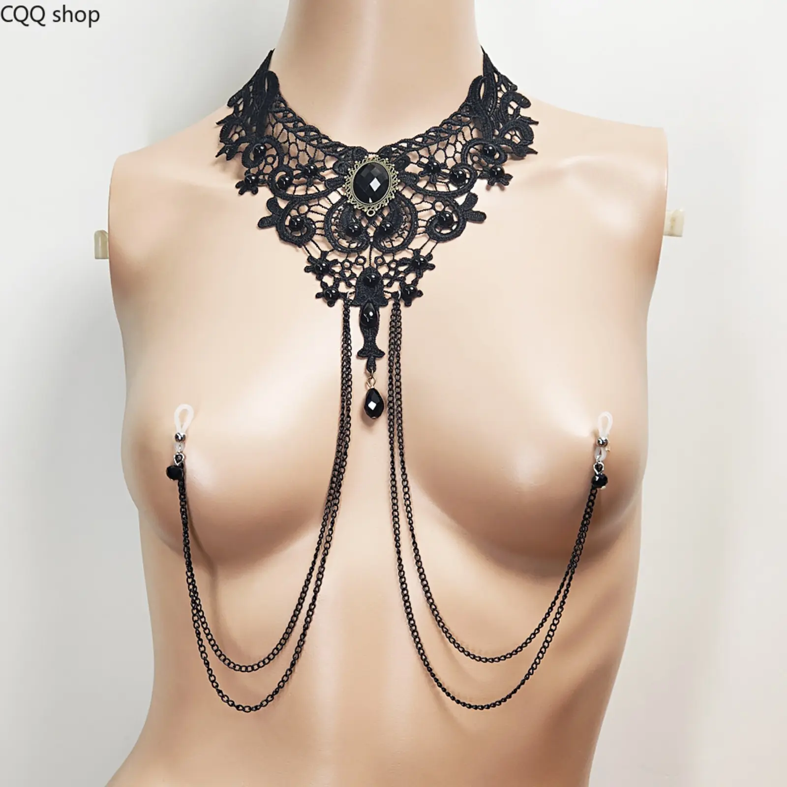 Female Layered Lace Look Bikini Chest Decor - New European Lace Tassel Adjustable Choker Body Jewelry, Independent Pack for Party Night Club Summer Beach Outfits