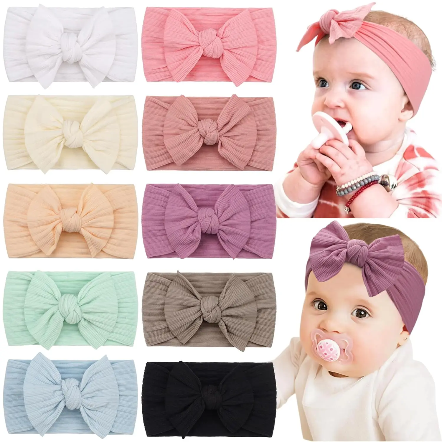 10-Color Super Stretchy Soft Knot Nylon Headwear, Baby Girl Headbands with Hair Bows, New Model Head Wrap for Newborns & Infants