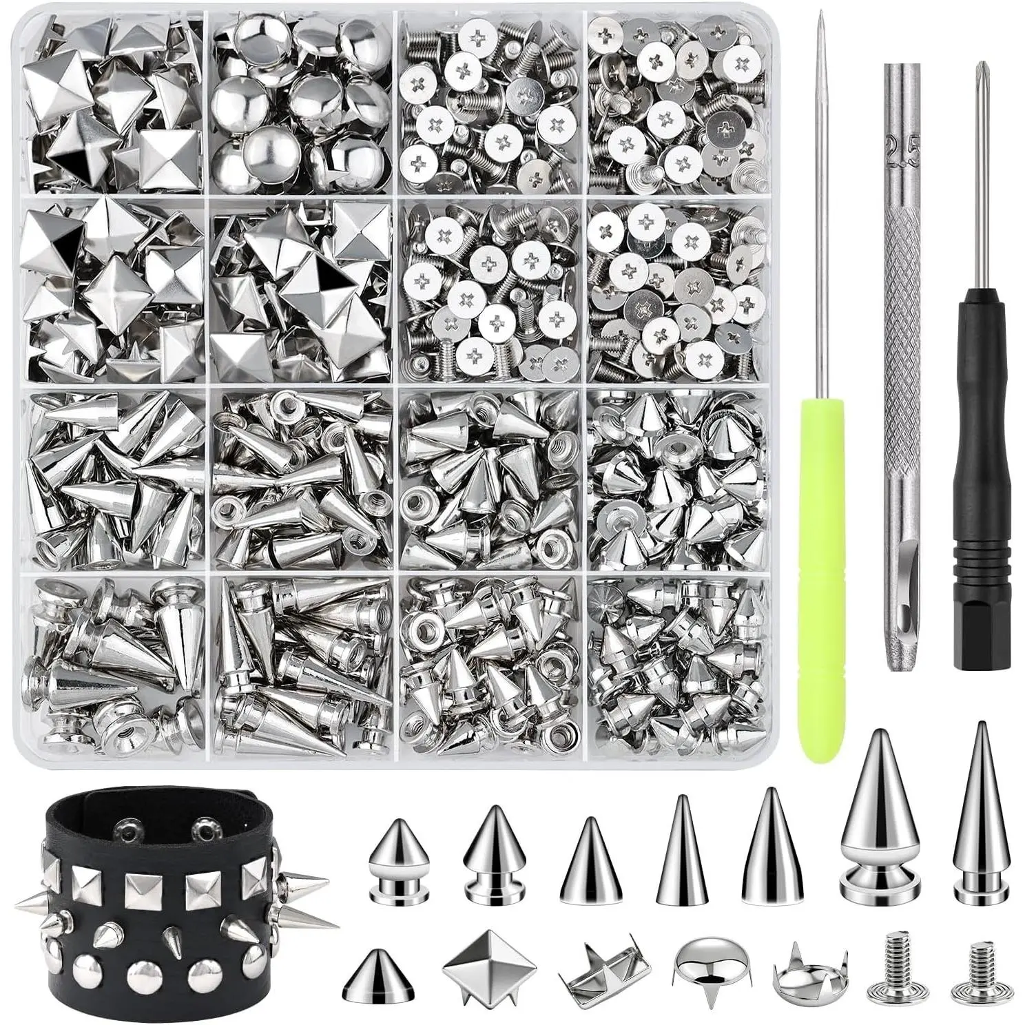 630 Pcs 10 Sizes Punk Metal Studs & Spikes with Tools, Cone Square Round Dome Pyramid Leather Rivets for Clothing Crafts Bags Belts Shoes Caps Necklace Decoration