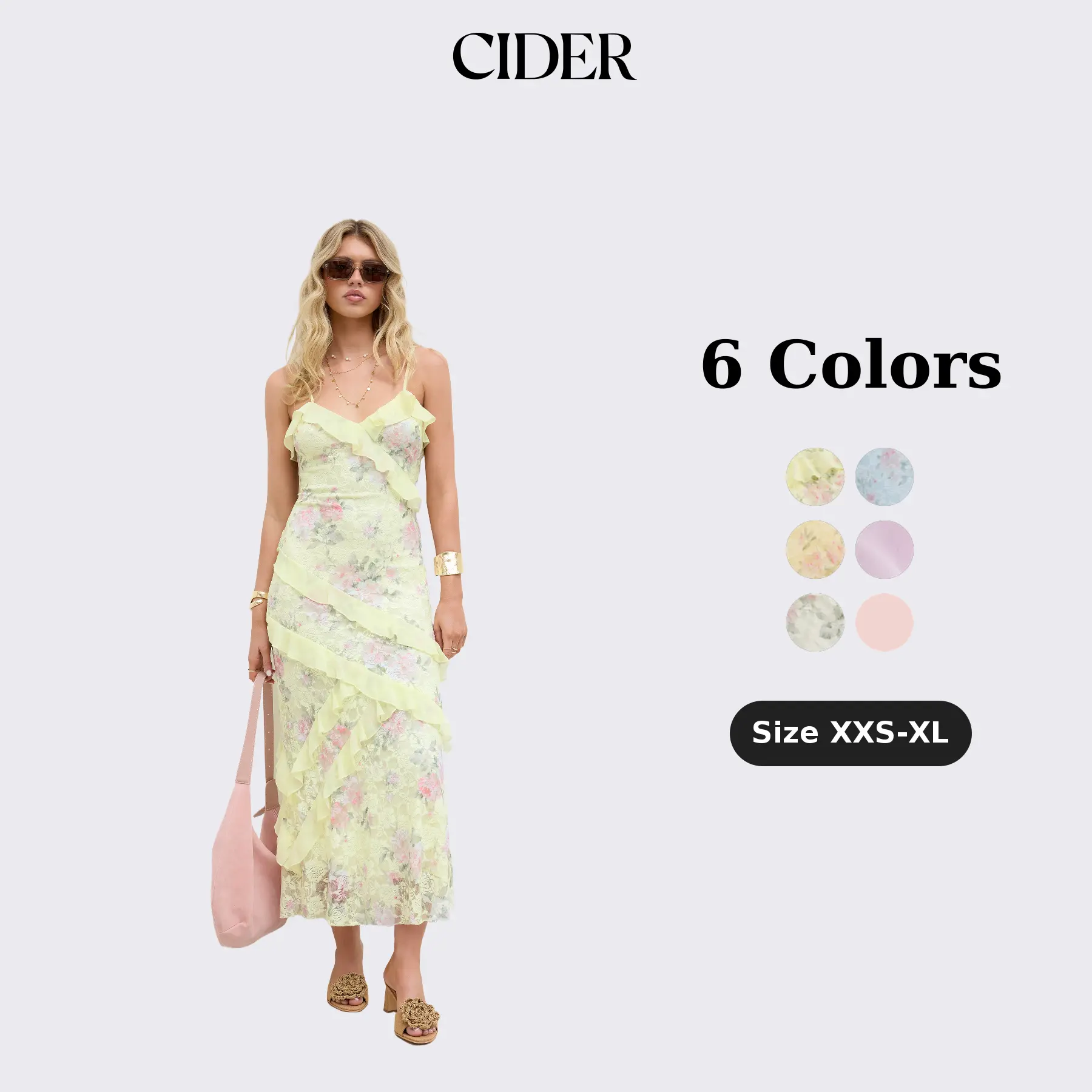 Cider Maxi Dress – Lace V-Neck Floral Ruffle Polyamide Stretch Romantic Women’s Summer Vacation Beach Party Gown, Floral Embroidery Slim Fit Long Dress for Spring SohoChic