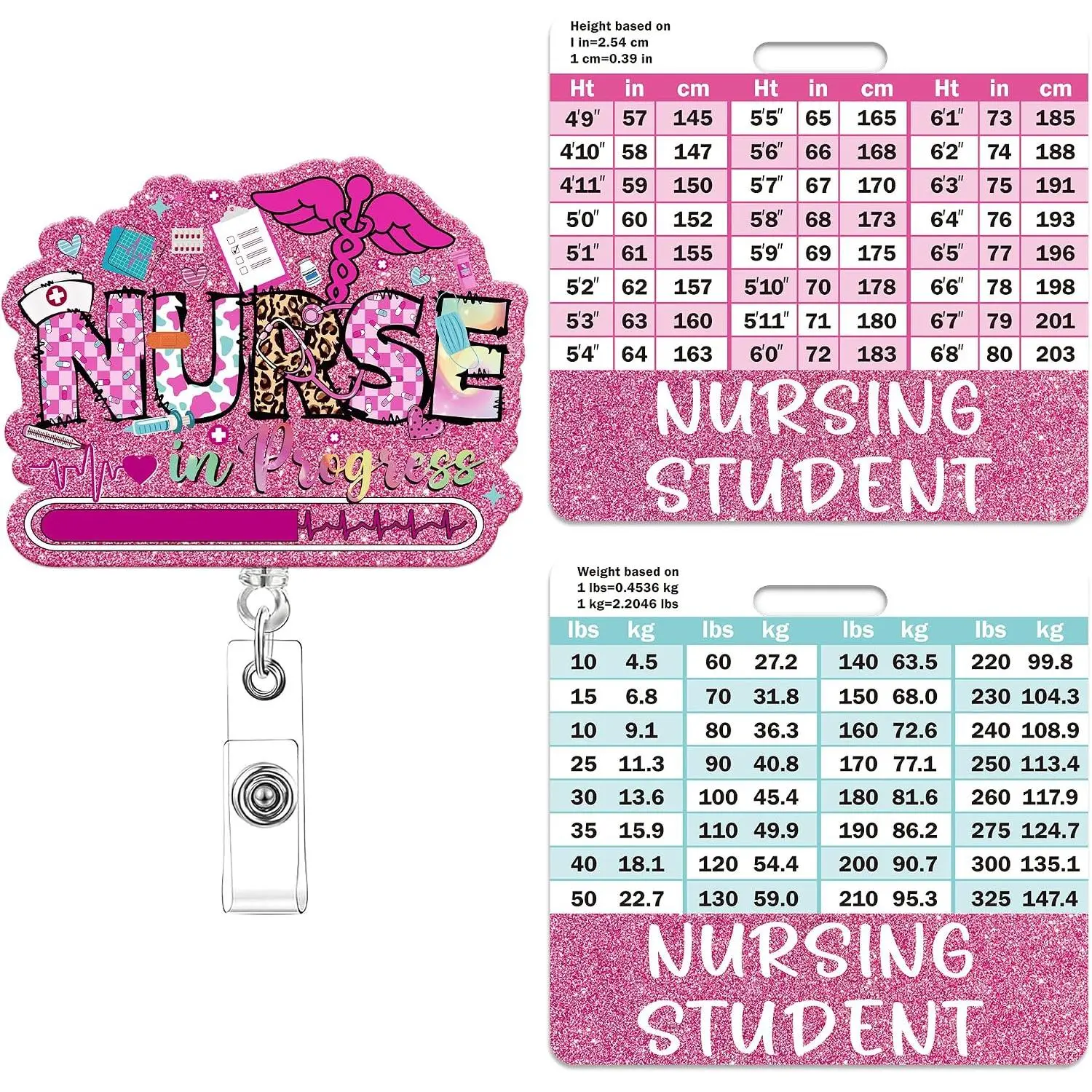 Cute CNA Badge Reel with Retractable Clip, Heart Flower CNA Badge Reel with w/Height & Weight Conversion Charts, Glitter Nurse ID Badges Holder for  Student Nurse Essentials Gifts