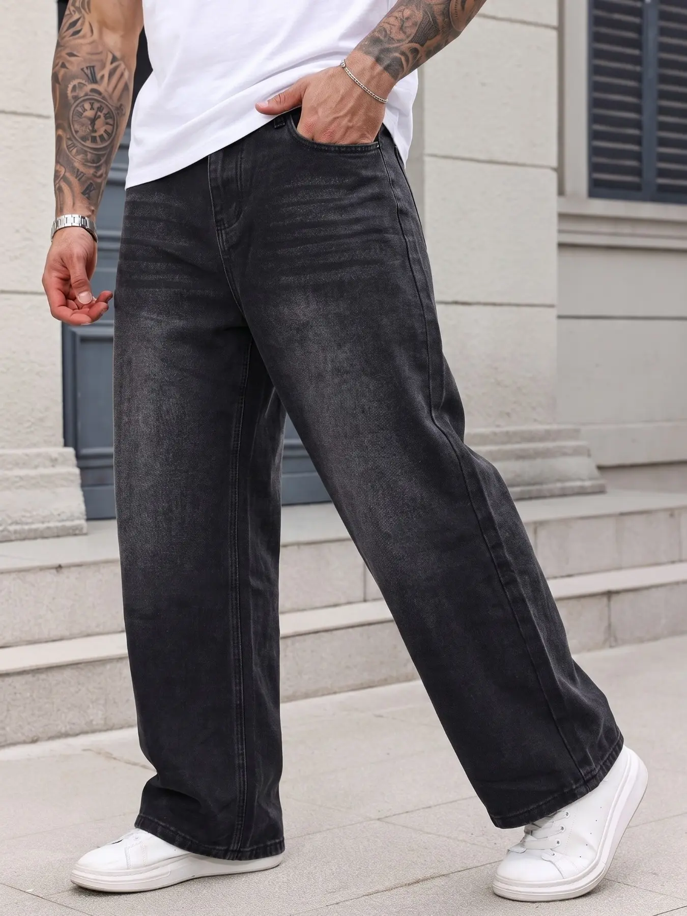 Men's Hip-Hop Style Vintage Washed Jeans, Loose-Fit Straight Leg Pants, Casual All-Season Wear, Perfect for Various Occasions