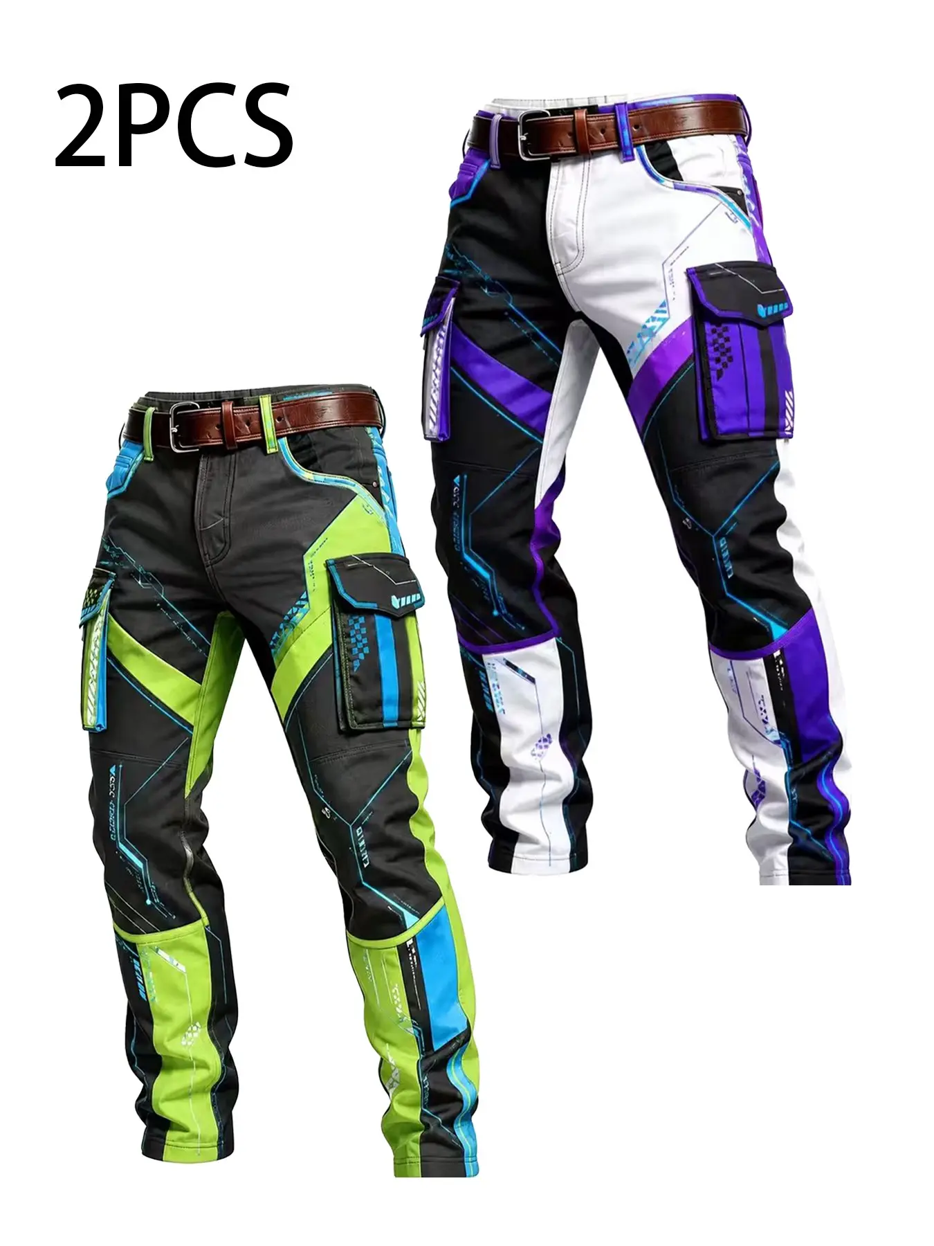 2-Pack Men's Functional Color-Blocked Work Pants Multi-color geometric block patchwork multi-pocket work pants, 3D side large pocket personalized outdoor straight-leg pants, men's cyber functional cool straight-leg work pants
