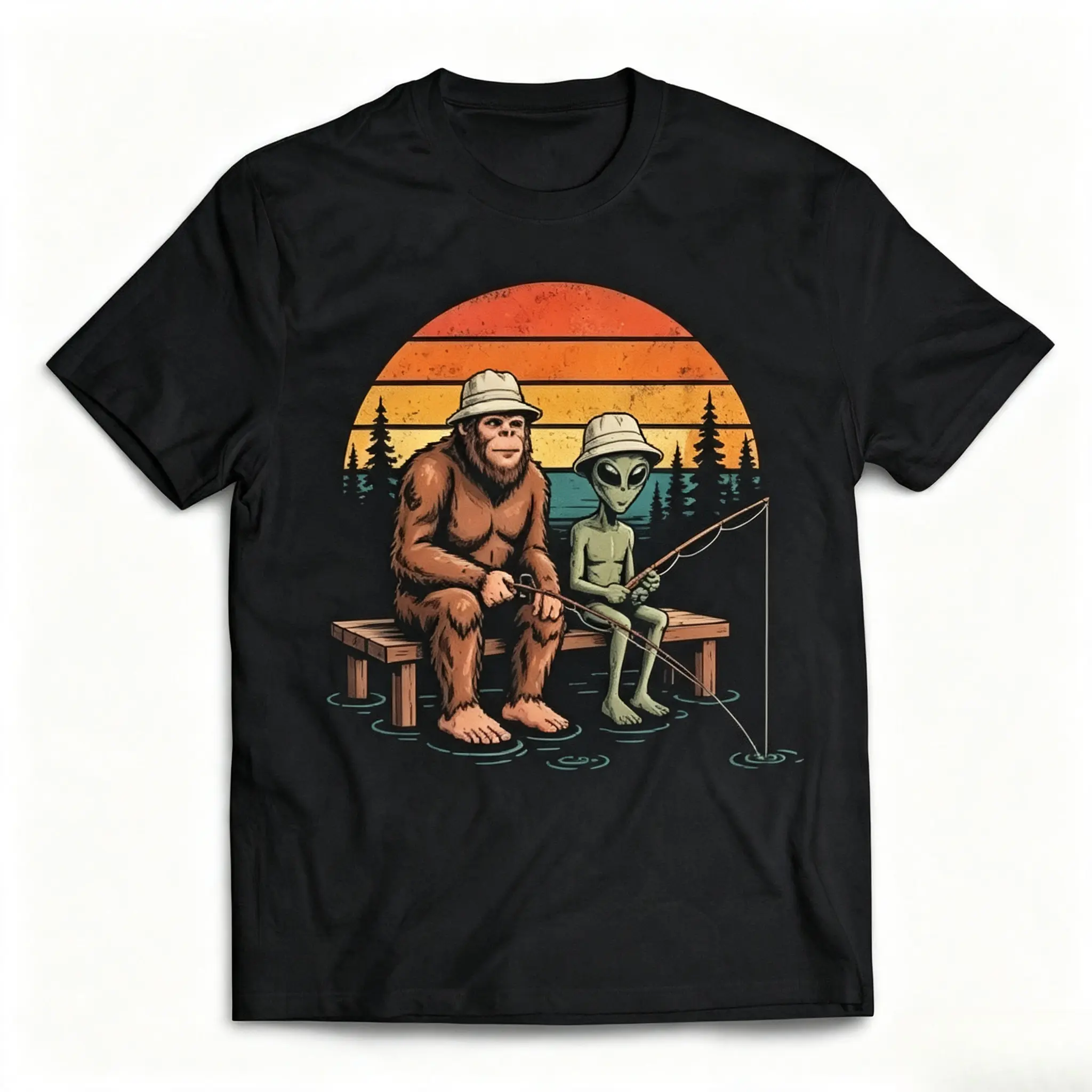 Bigfoot And Alien Retro Sunset Fishing Graphic Cotton T-Shirt, Oversized Comfort Cute Fashion Casual Outfit, Perfect Valentine's Day Holiday Gift For Him Her Cryptid UFO Fishing Lovers Family Friends