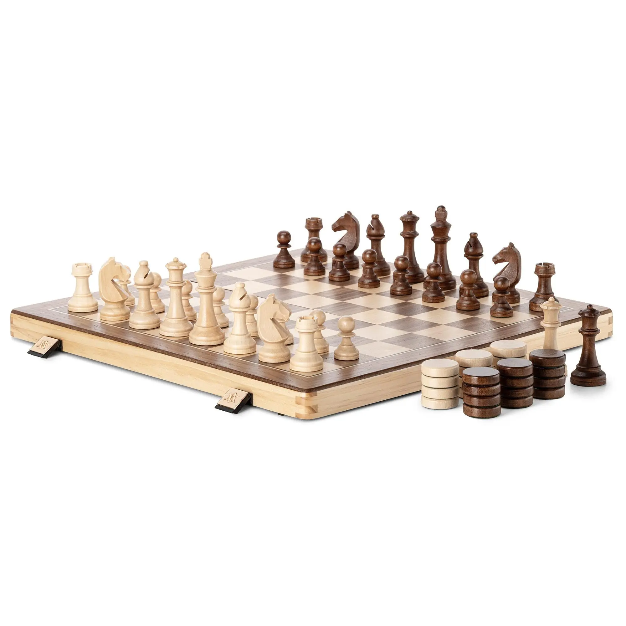 A&A 15'' Natural Wood Folding Magnetic Chess & Checkers Set