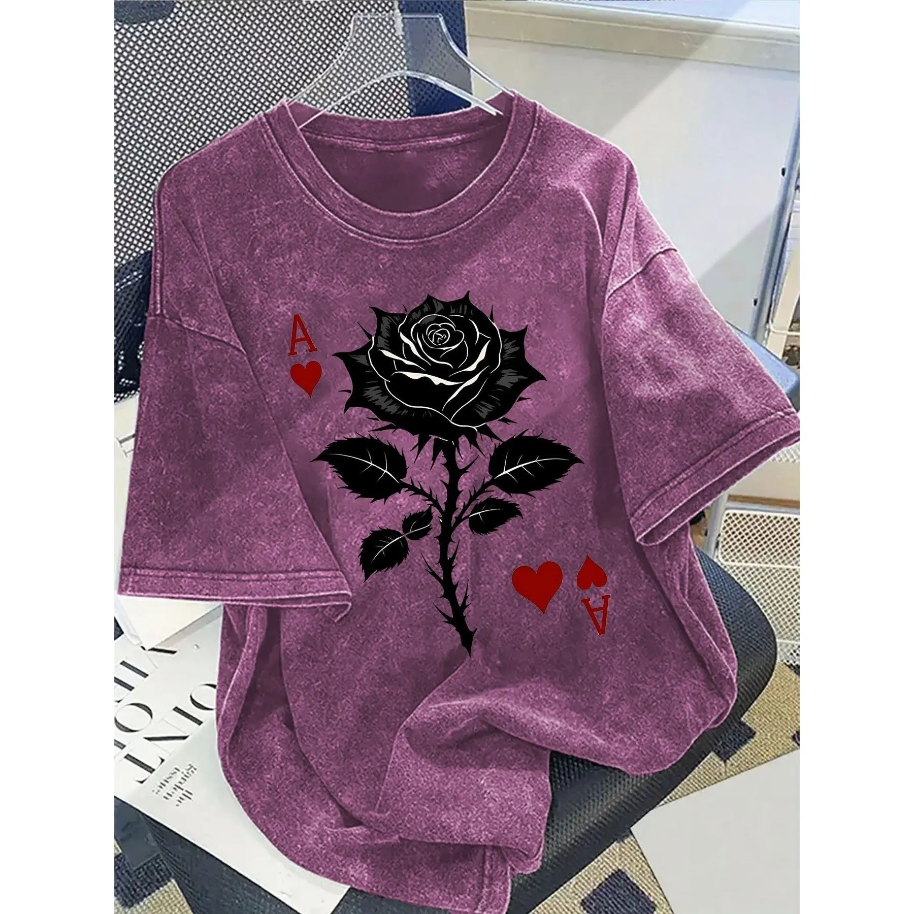 Oversized Vintage Washed T-Shirt with Floral Ace of Hearts Graphic, Unisex Streetwear Top in Purple Cotton, Short Sleeve Crew Neck, Tshirt, Shortsleeve