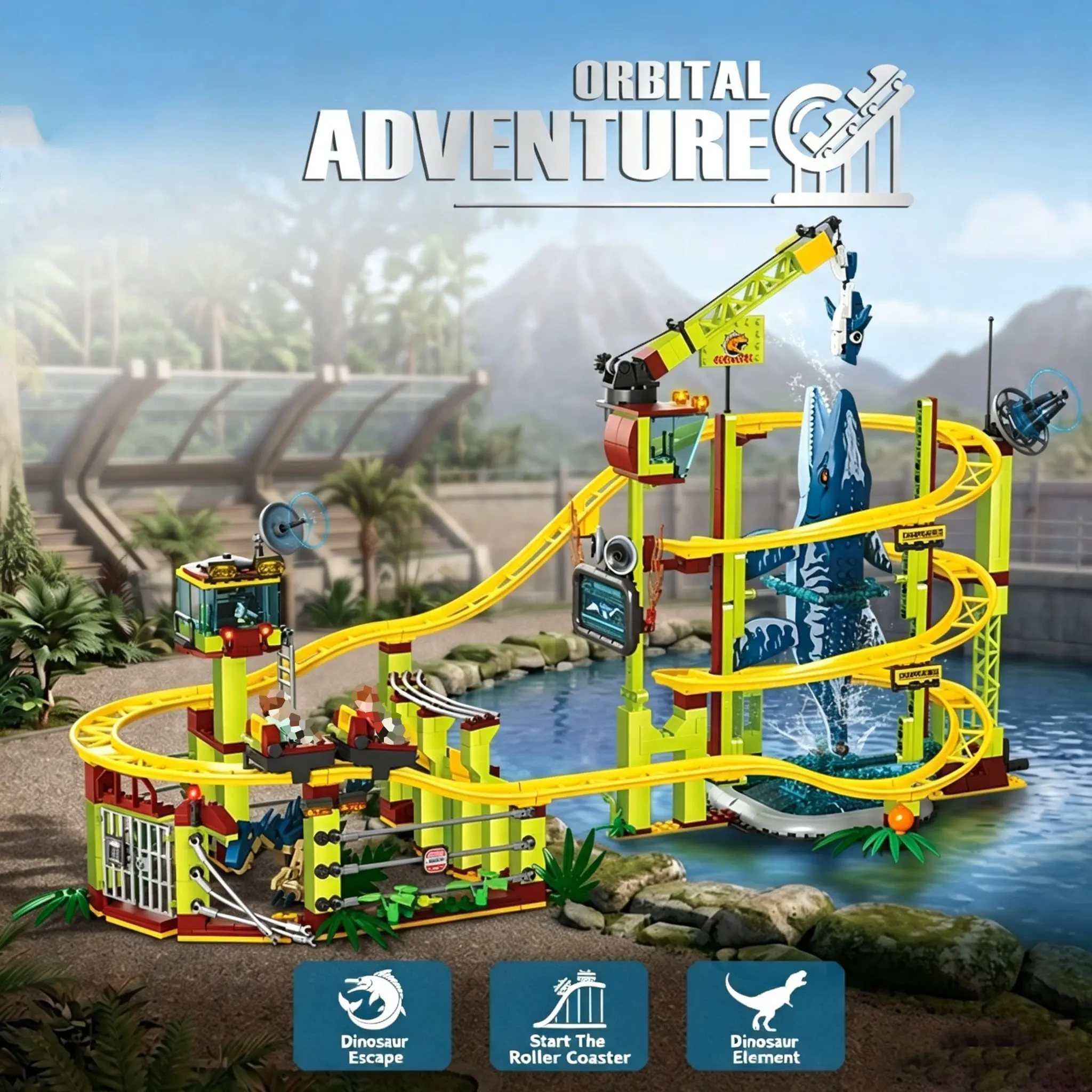 1061pcs Pterosaur Research Institute Roller Coaster Toy, Vertical Roll Adventure Track Building Blocks, Creative Gift for Holidays, Building Block Kit