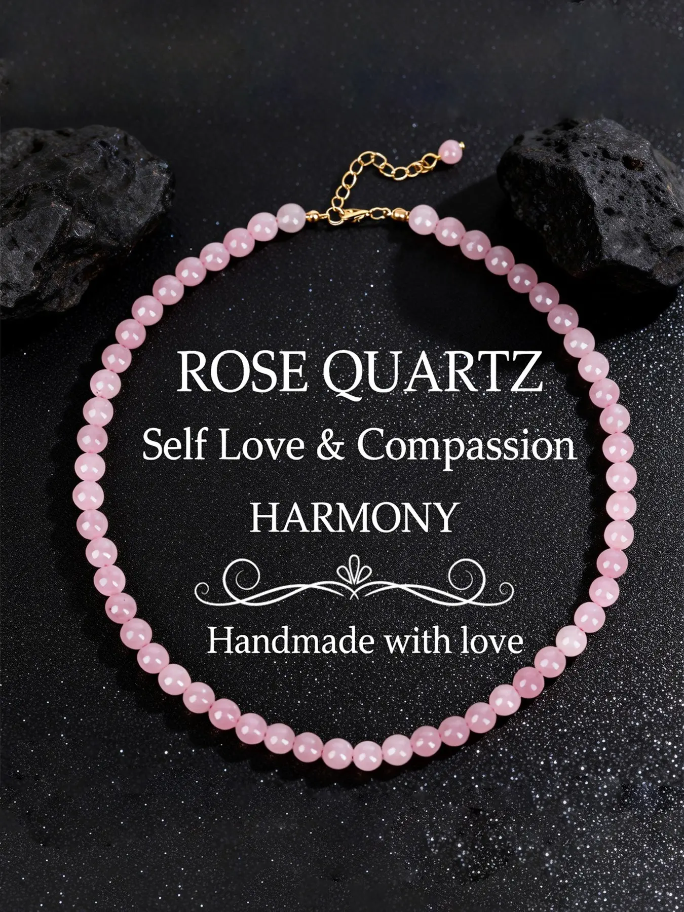 Heart Chakra Healing Rose Quartz Necklace Heart Design Jewelry - Authentic Natural Gemstone Bead Choker for Inner Peace & Compassion - Spiritual Gift
