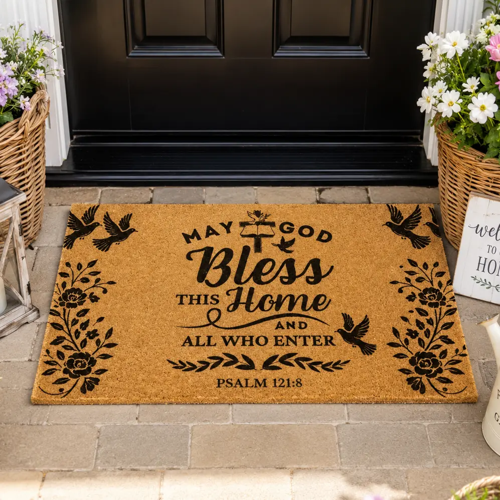 Christian Doormat Religious Welcome Mat Bible Verse Psalm 121:8 May God Bless This Home and All Who Enter, Non Slip Indoor Outdoor Entrance Door Mat Absorbent Durable Farmhouse Porch Rug Housewarming Gift Entryway Decor, Diatom Mud 16*24In(40*60Cm), Fade
