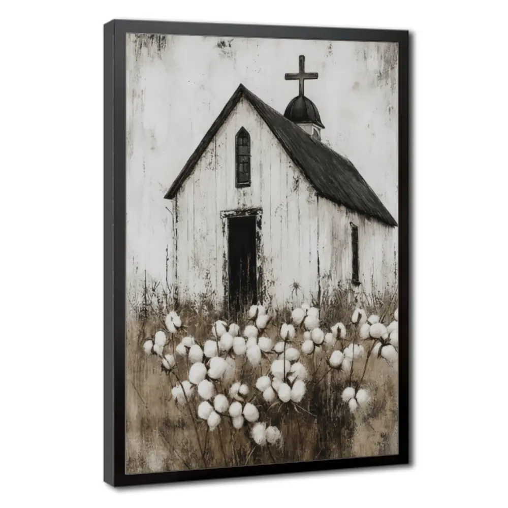 Modern Farmhouse White Church with Black Roof and Cross Wrapped Canvas Art - Artistic, Hangable Printing Decoration, Rustic Minimalist Home Supplies for Living Room, Kid Room, Classroom, Lightweight Posters & Prints Wall Art