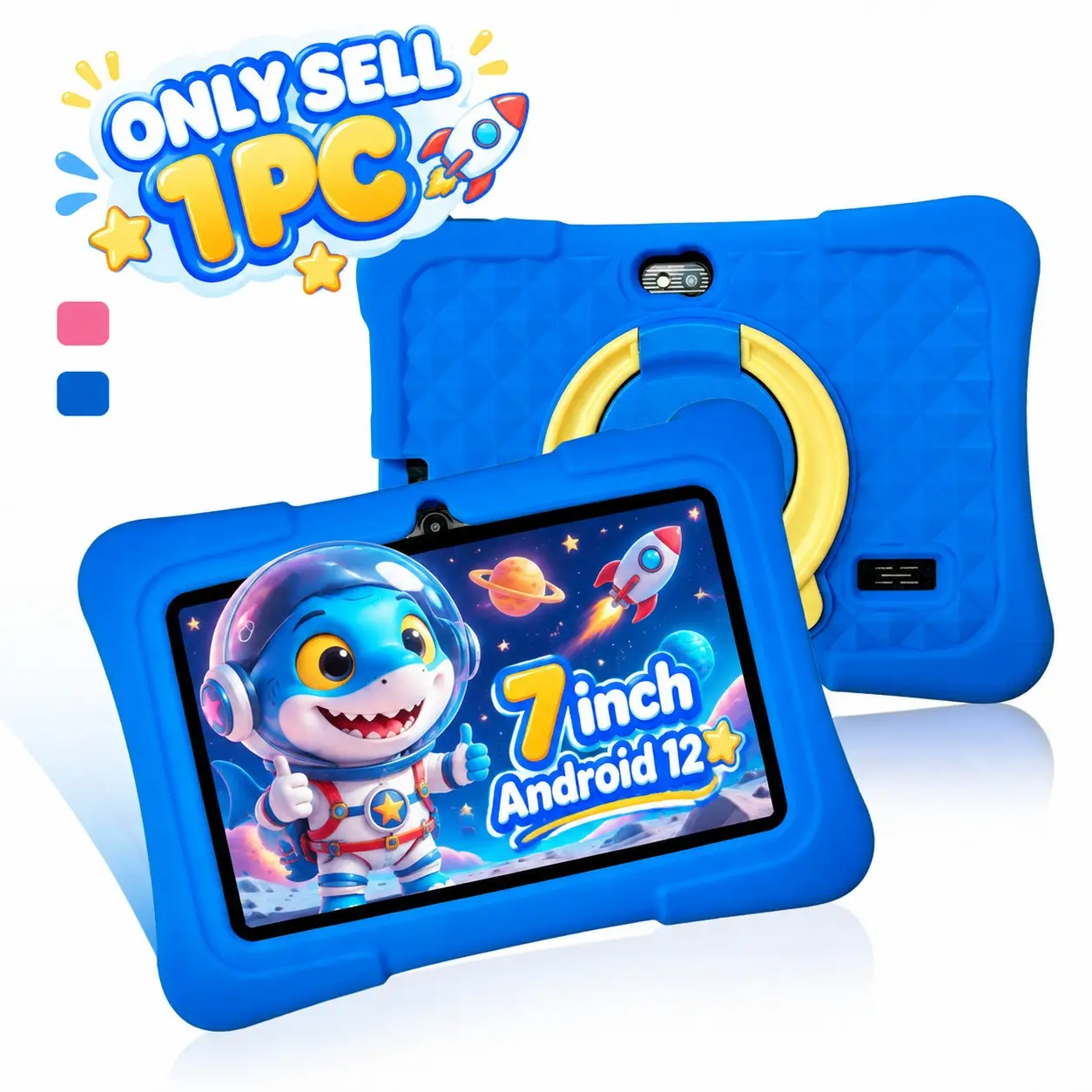 7-inch student tablet cute, 5G cellular & fast WiFi, dual cameras, full shockproof case, work & study 2-in-1, HD full large screen, early learning & fun, Easter birthday multi-color gift, USB cable included, power adapter not included.