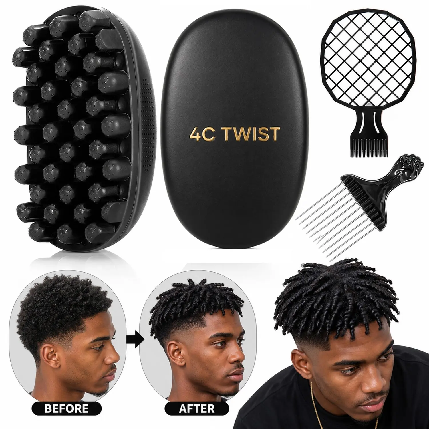 4C Twist Curl Styling 3-Piece Set for Men, Afro Curl Sponge Kit with Hair Pick, Curl Comb and Texture Comb for Defined Curls, Waves and Natural Short Hair